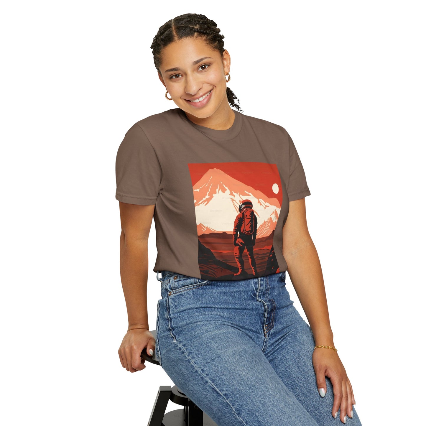 Flat lay of the Man On Mars Graphic T-Shirt styled with accessories, illustrating its versatility from casual to trendy looks.