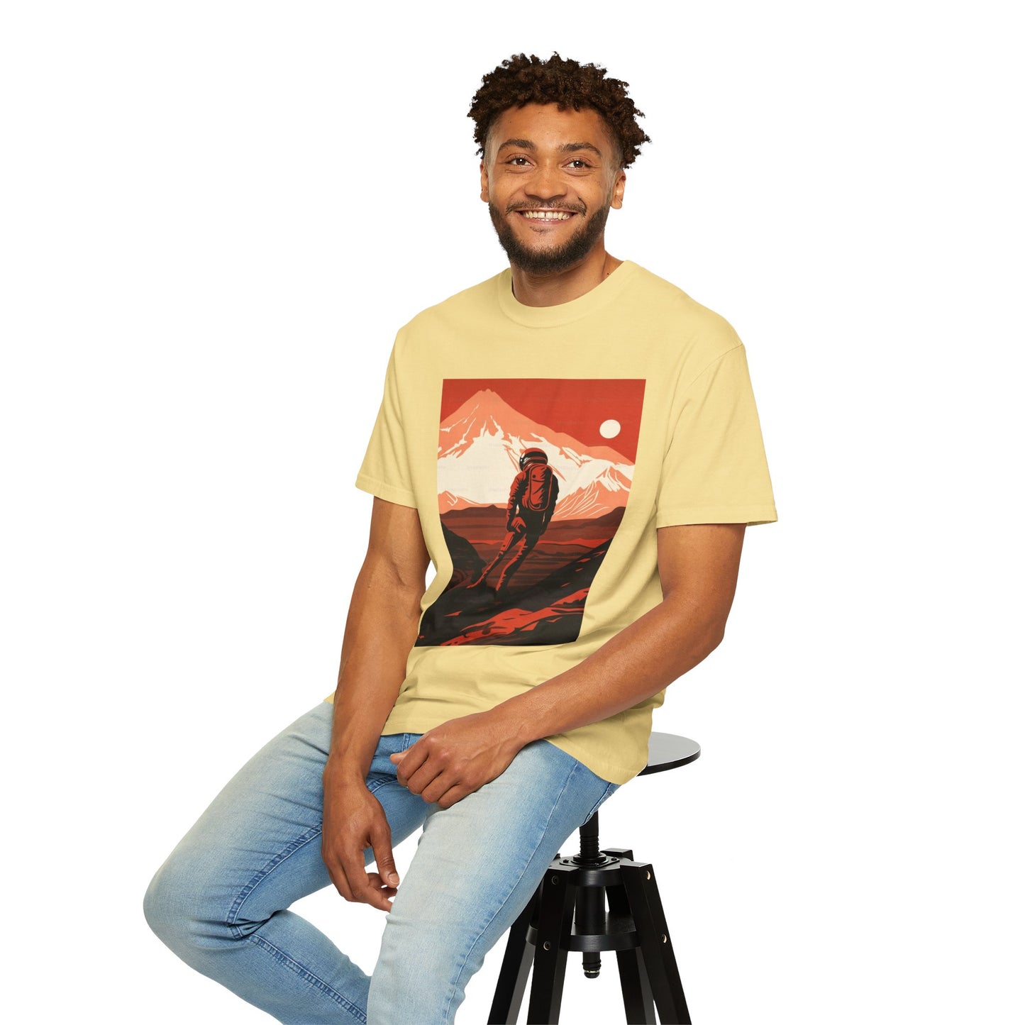 Model wearing the Man On Mars Graphic T-Shirt - Eco-Friendly Organic Cotton, Oversized Unisex Boho Tee during a festival.