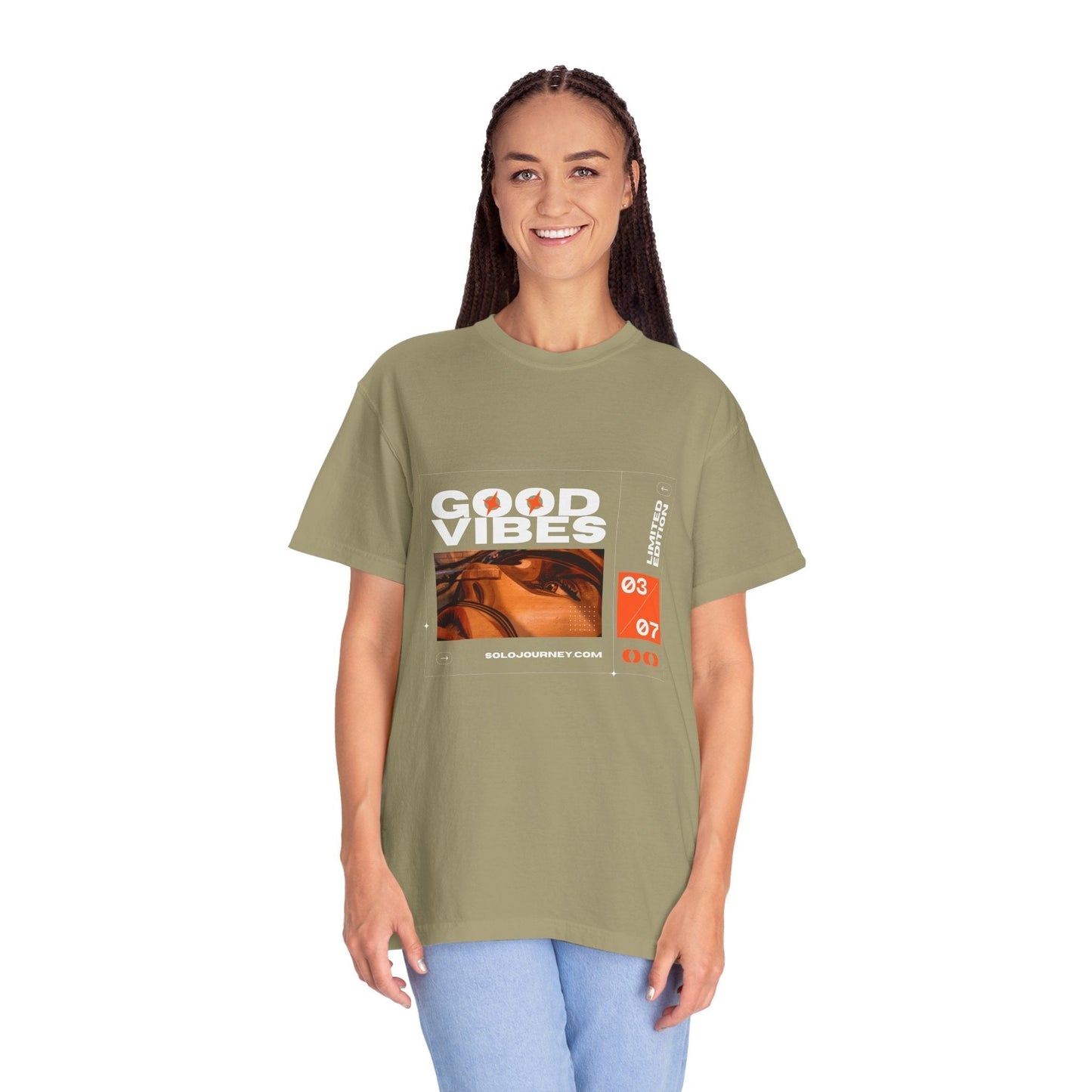 Good Vibes Graphic Design Pullover featuring a vintage boho oversized t-shirt design in organic cotton, perfect for casual outings.