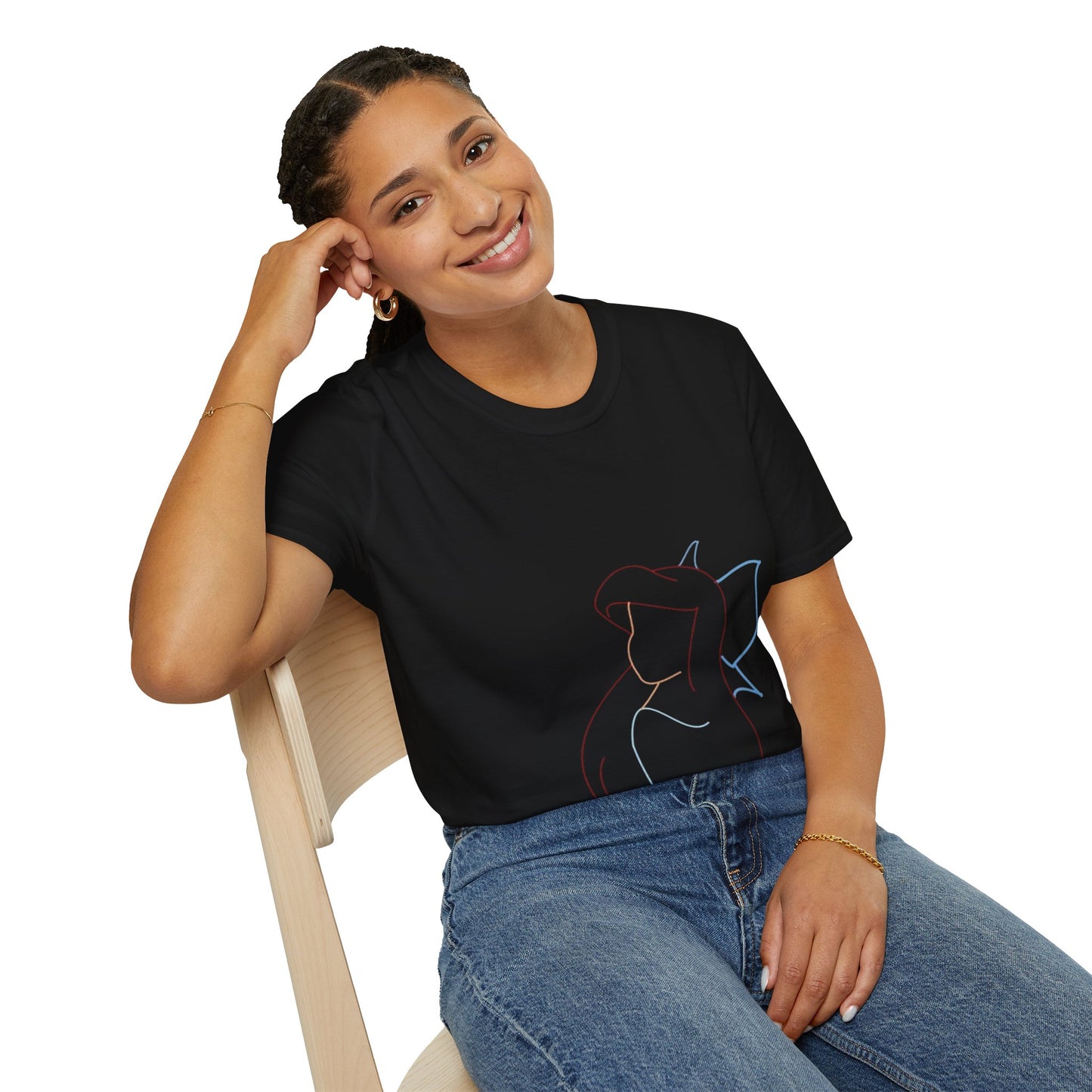 Close-up view of the softstyle organic cotton fabric of the Unisex Minimalist Line Art T-Shirt showcasing its hypoallergenic qualities.