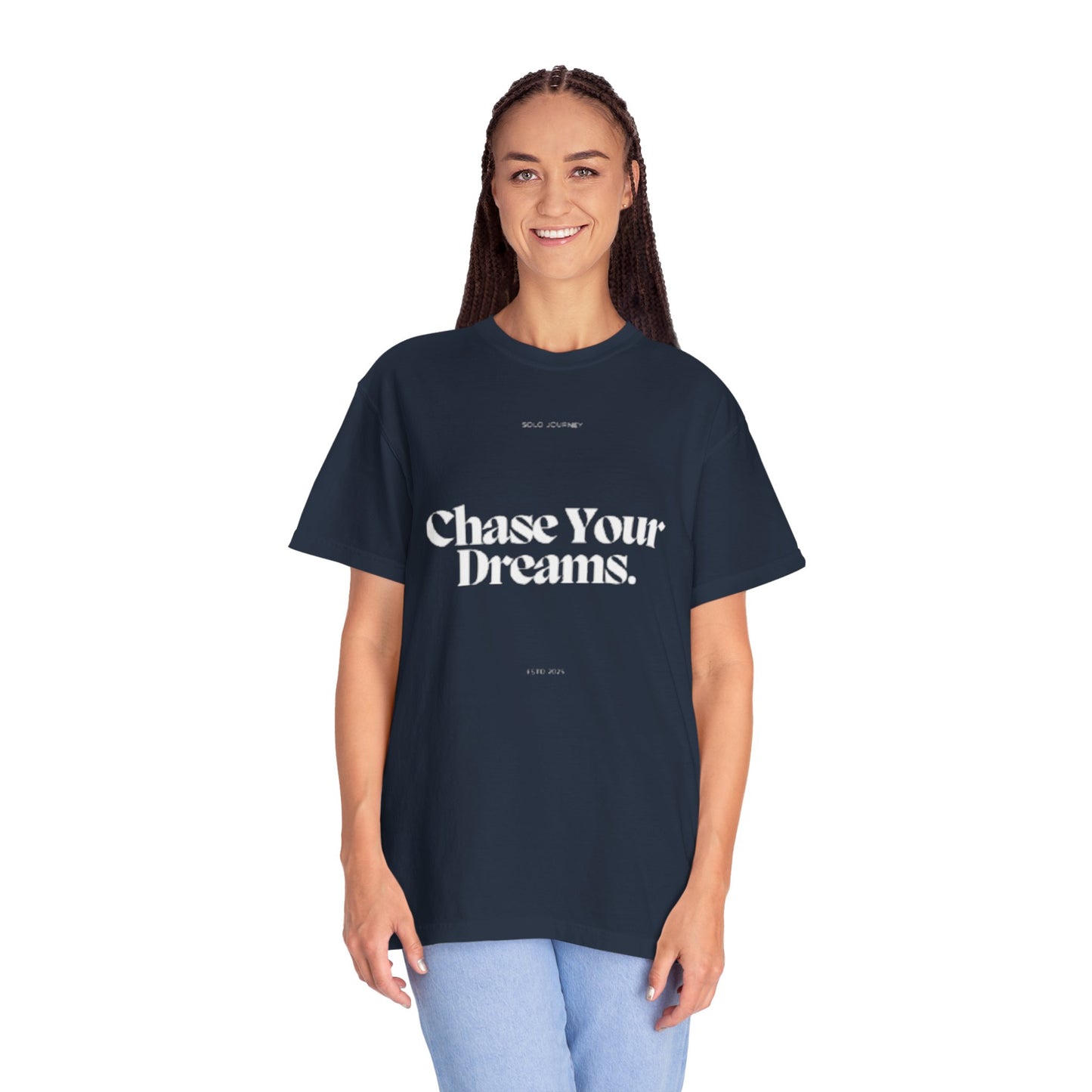 Close-up view of the unique graphic design on the Chase Your Dreams Vintage Aesthetic Pullover - Eco-Friendly Oversized Boho T-Shirt.