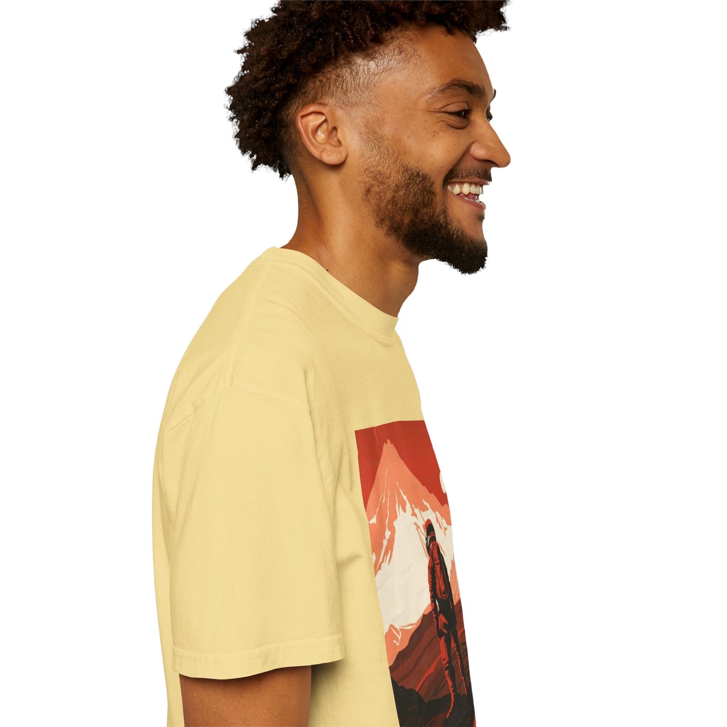 Man On Mars Graphic T-Shirt - Eco-Friendly Organic Cotton, Oversized Unisex Boho Tee styled with accessories for a night out.