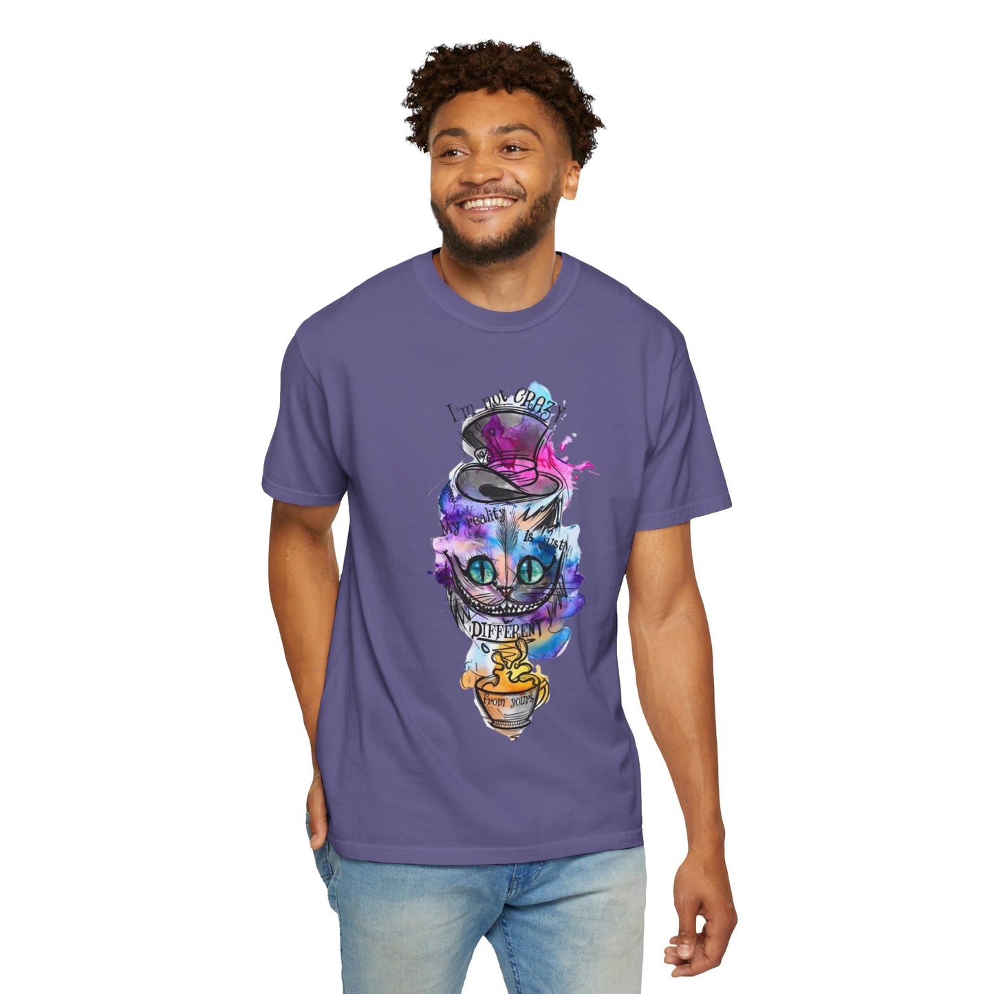 Eco-Friendly Organic Cotton Tee featuring a vibrant design of a cat with a hat, ideal for festival fashion and casual wear.
