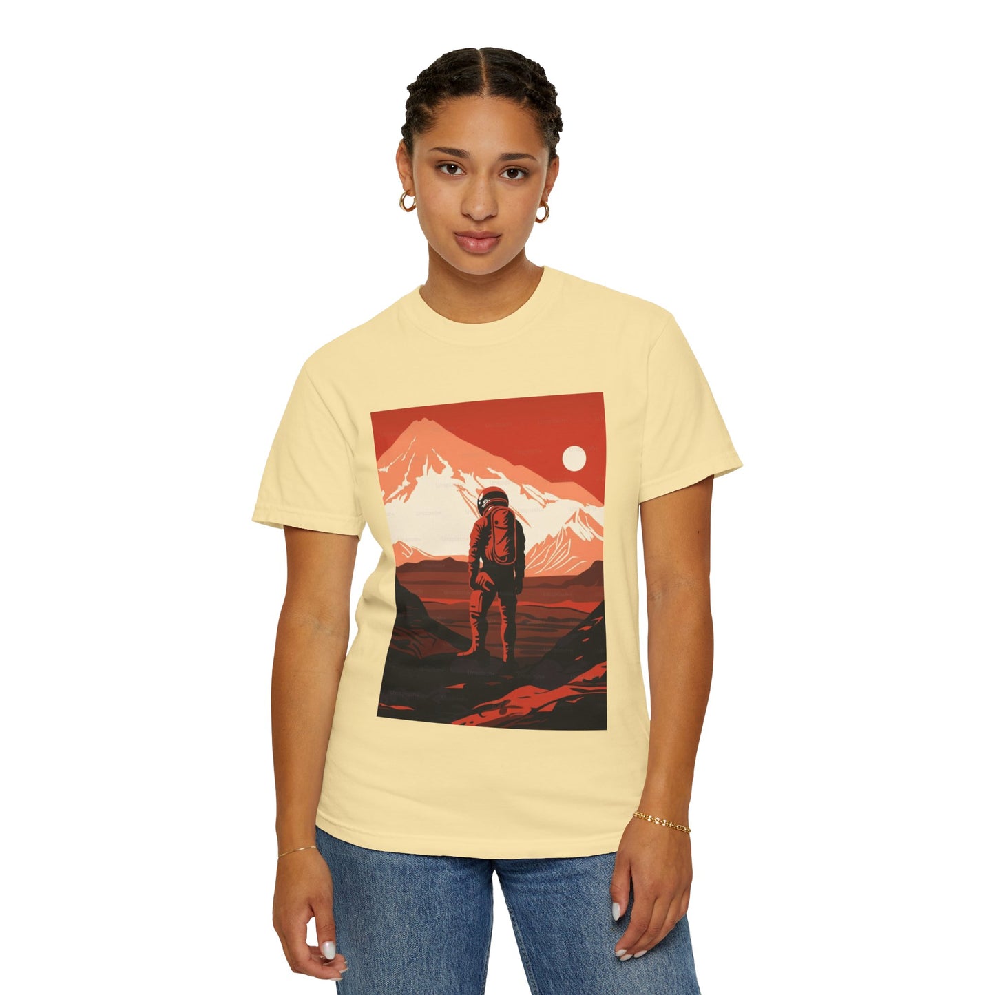 Trendy Man On Mars Graphic T-Shirt laid flat displaying its boho style and breathable fabric ideal for various adventures.