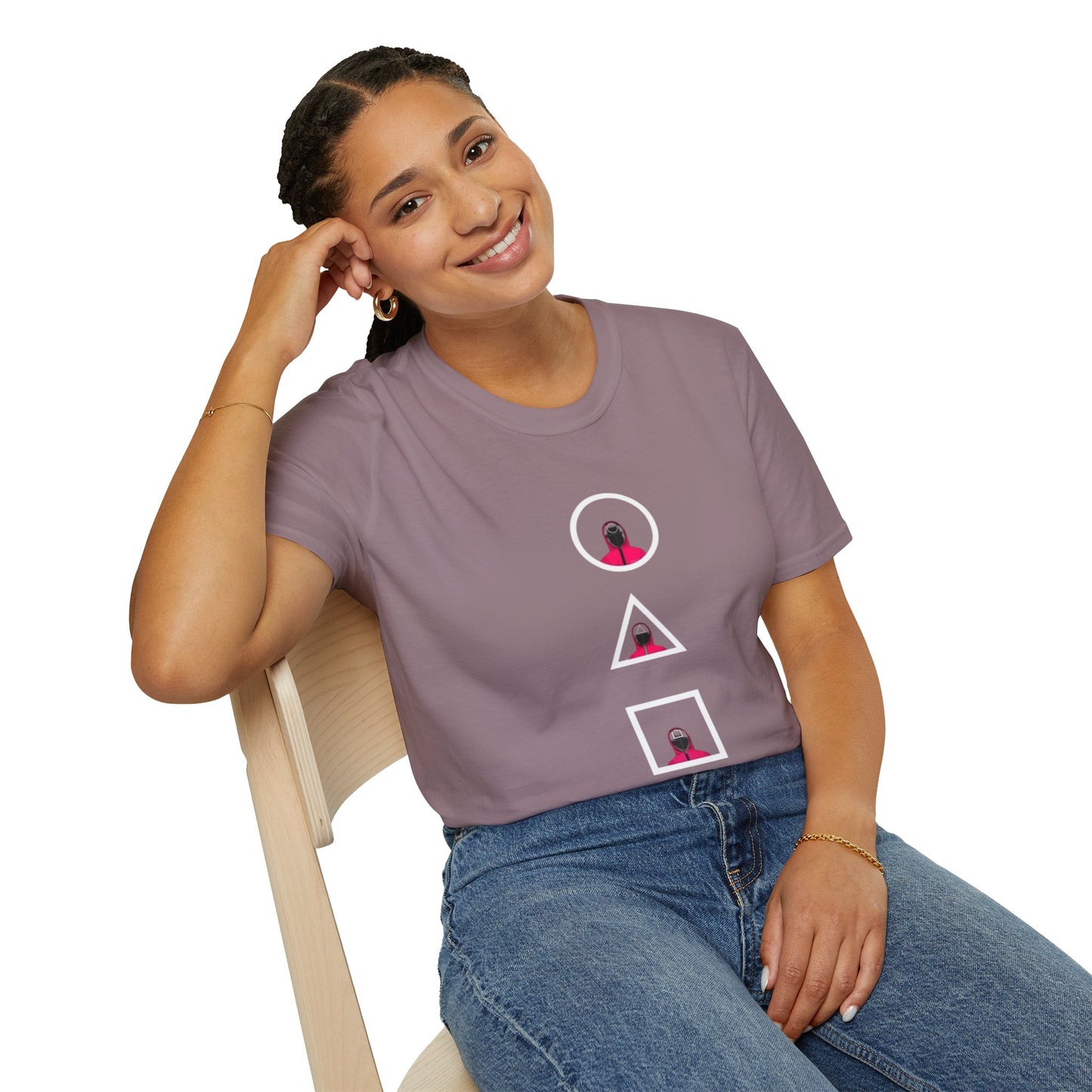A group of diverse individuals in Unisex Softstyle T-Shirts, embodying the casual and sustainable fashion lifestyle.