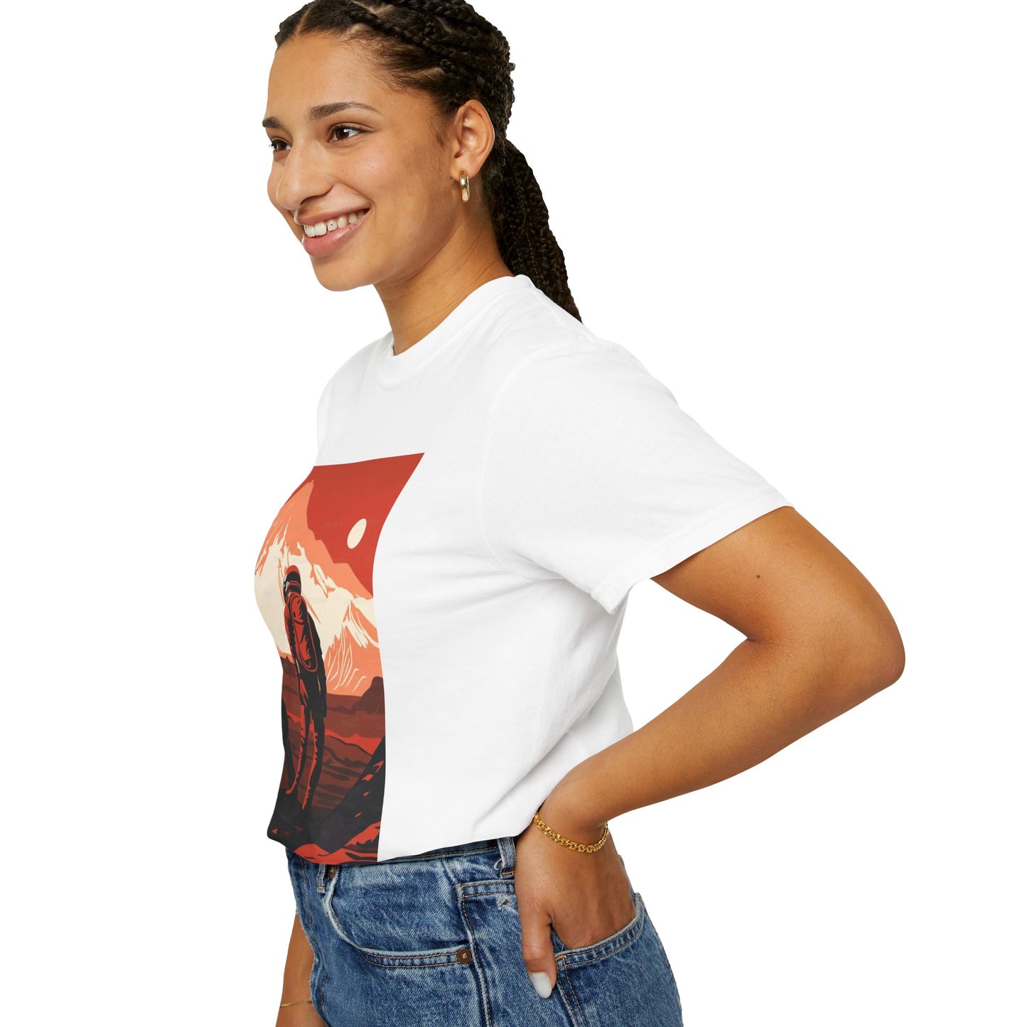 Man On Mars Graphic T-Shirt - Eco-Friendly Organic Cotton, Oversized Unisex Boho Tee with vibrant design shown on a model outdoors.
