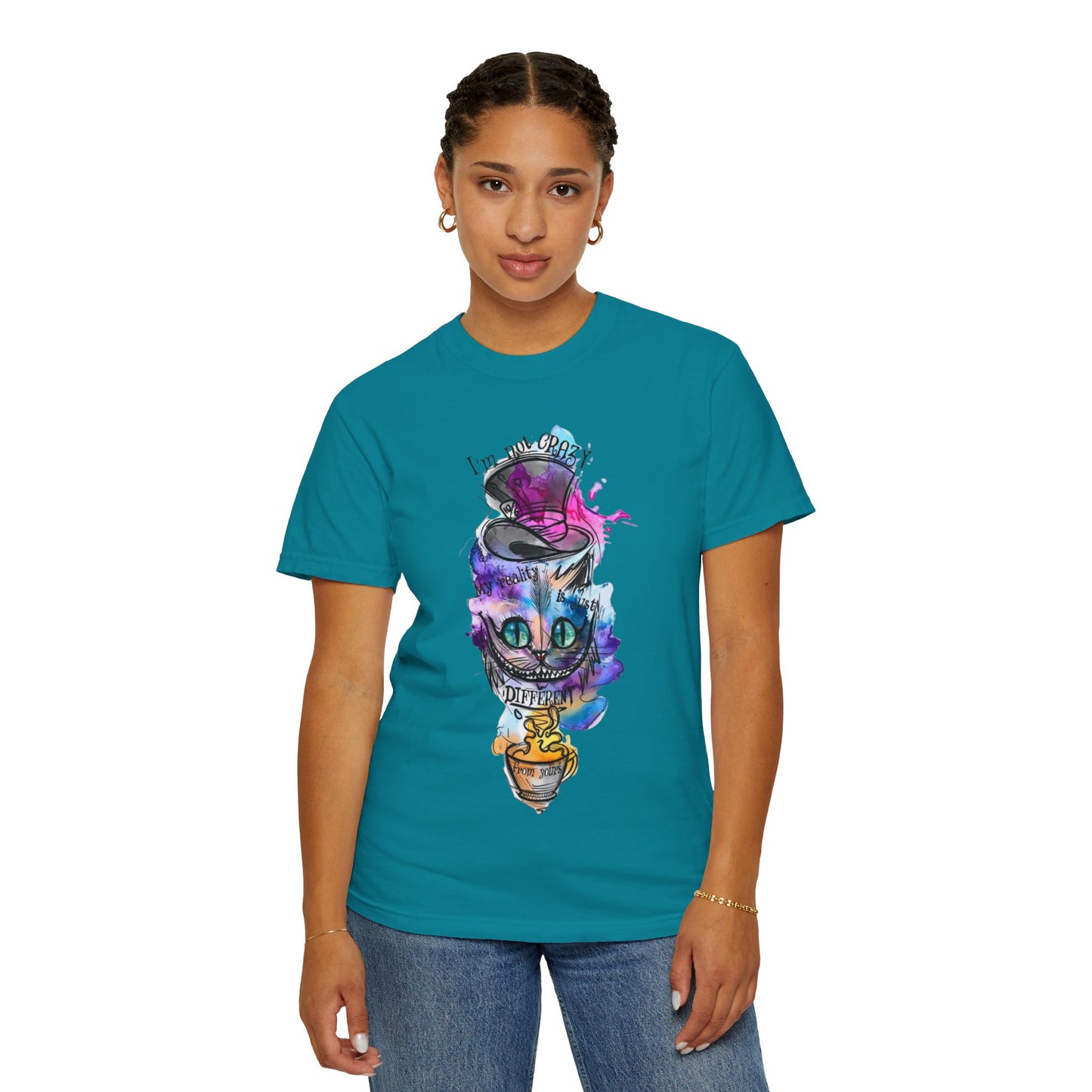 Casual lifestyle shot of the Personalized Cat With A Hat Country Music Graphic T-Shirt paired with high-waisted jeans, emphasizing its relaxed style and eco-conscious message.