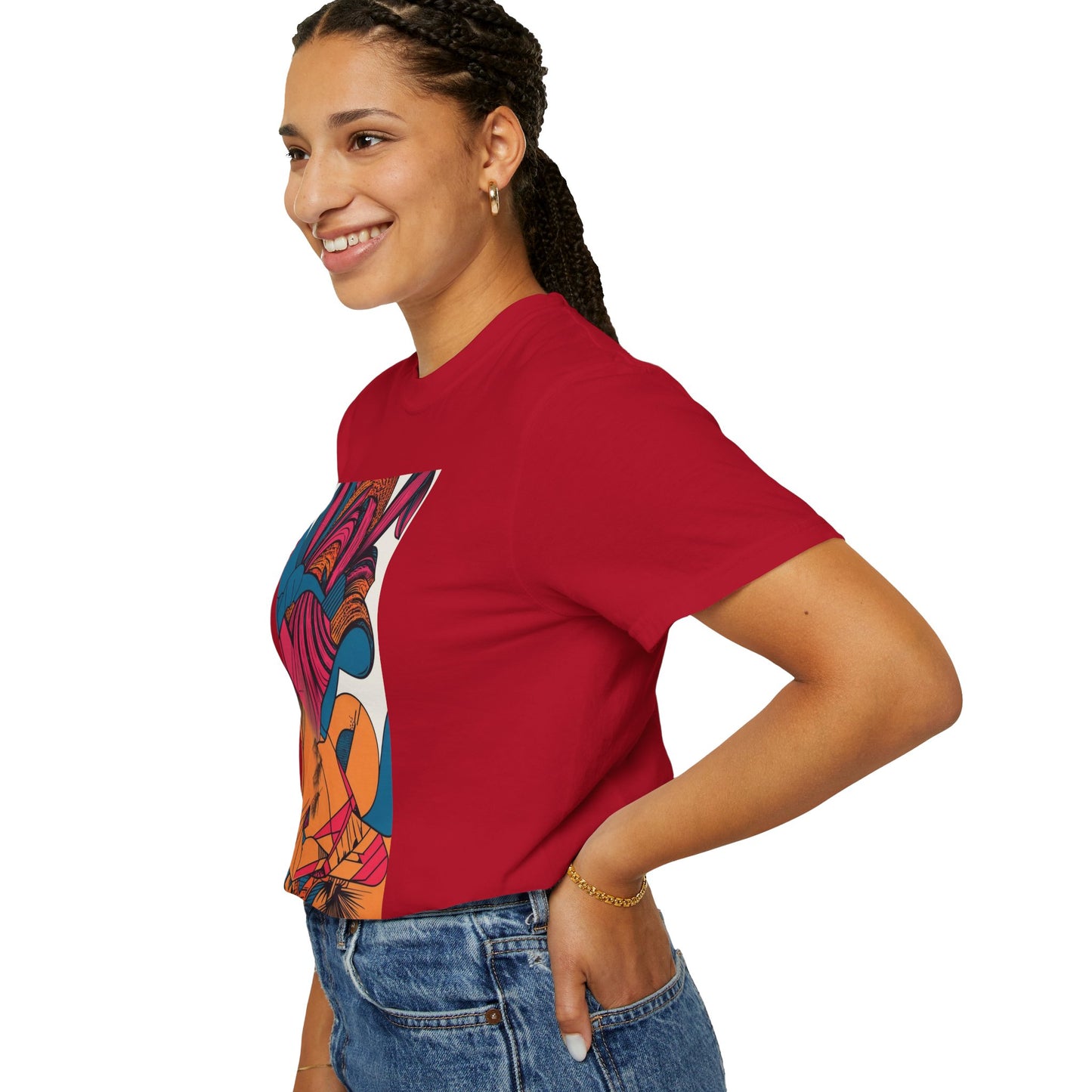 Berry Masterpiece Oversized Boho T-Shirt 09 - Eco-Friendly Organic Cotton Graphic Tee hanging on a clothes rack, showcasing its lightweight and breathable fabric.