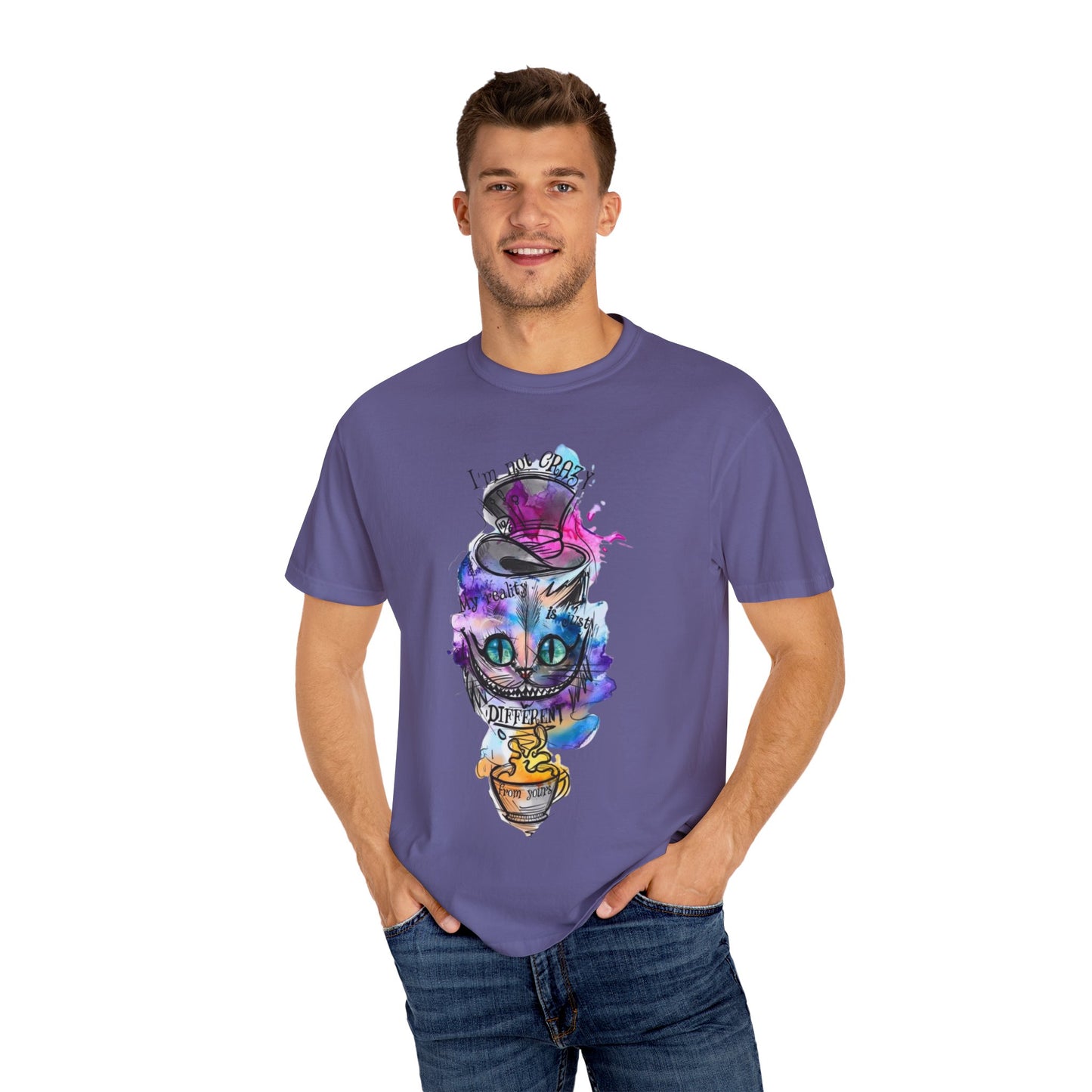 Close-up of the personalized Cat With A Hat Country Music graphic print on an eco-friendly organic cotton t-shirt.