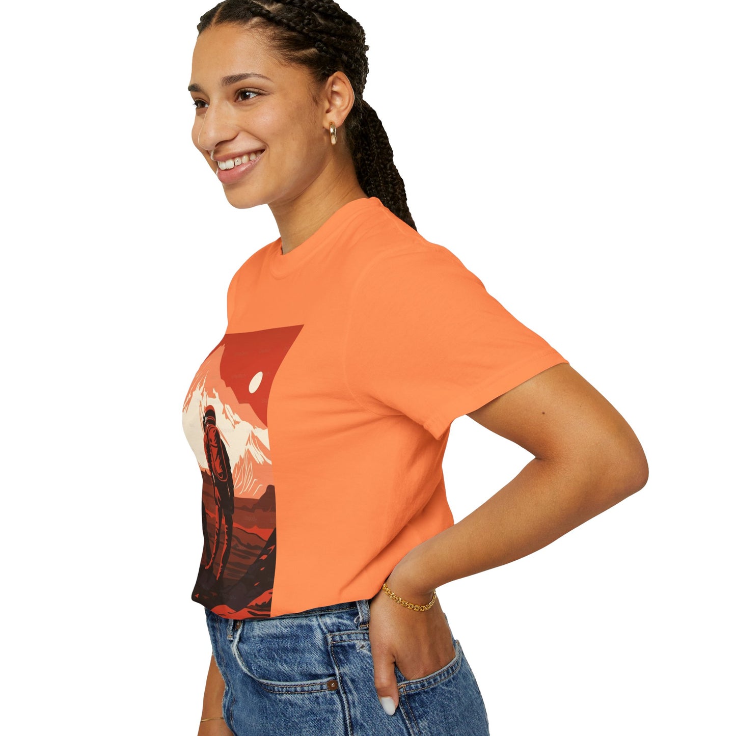 Lifestyle shot featuring the Man On Mars Graphic T-Shirt - Eco-Friendly Organic Cotton, perfect for outdoor adventures or lounging at home.