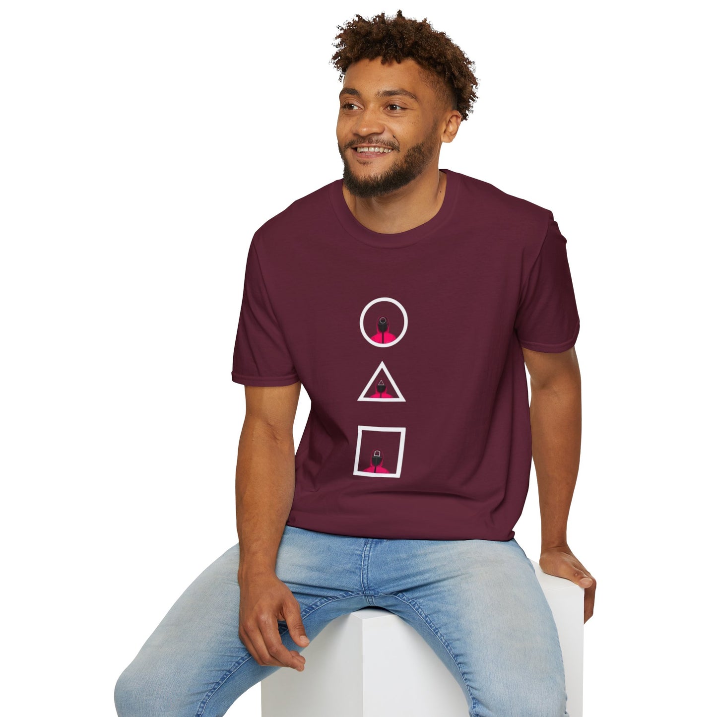 Group of diverse individuals wearing the Unisex Softstyle T-Shirt - Eco-Friendly 100% Cotton Minimalist Graphic Tee at a festival.