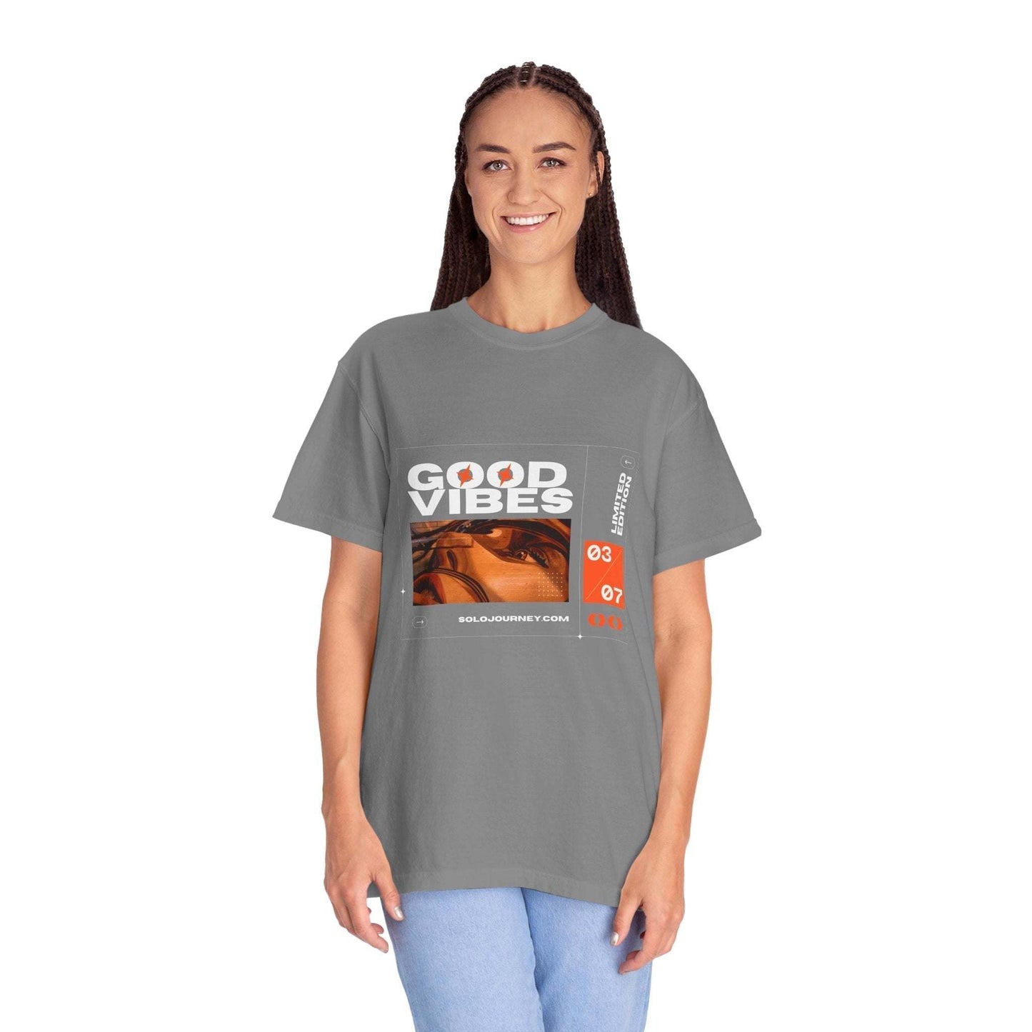 Model wearing the Good Vibes Graphic Design Pullover, showcasing its comfortable oversized fit and vintage aesthetic style.