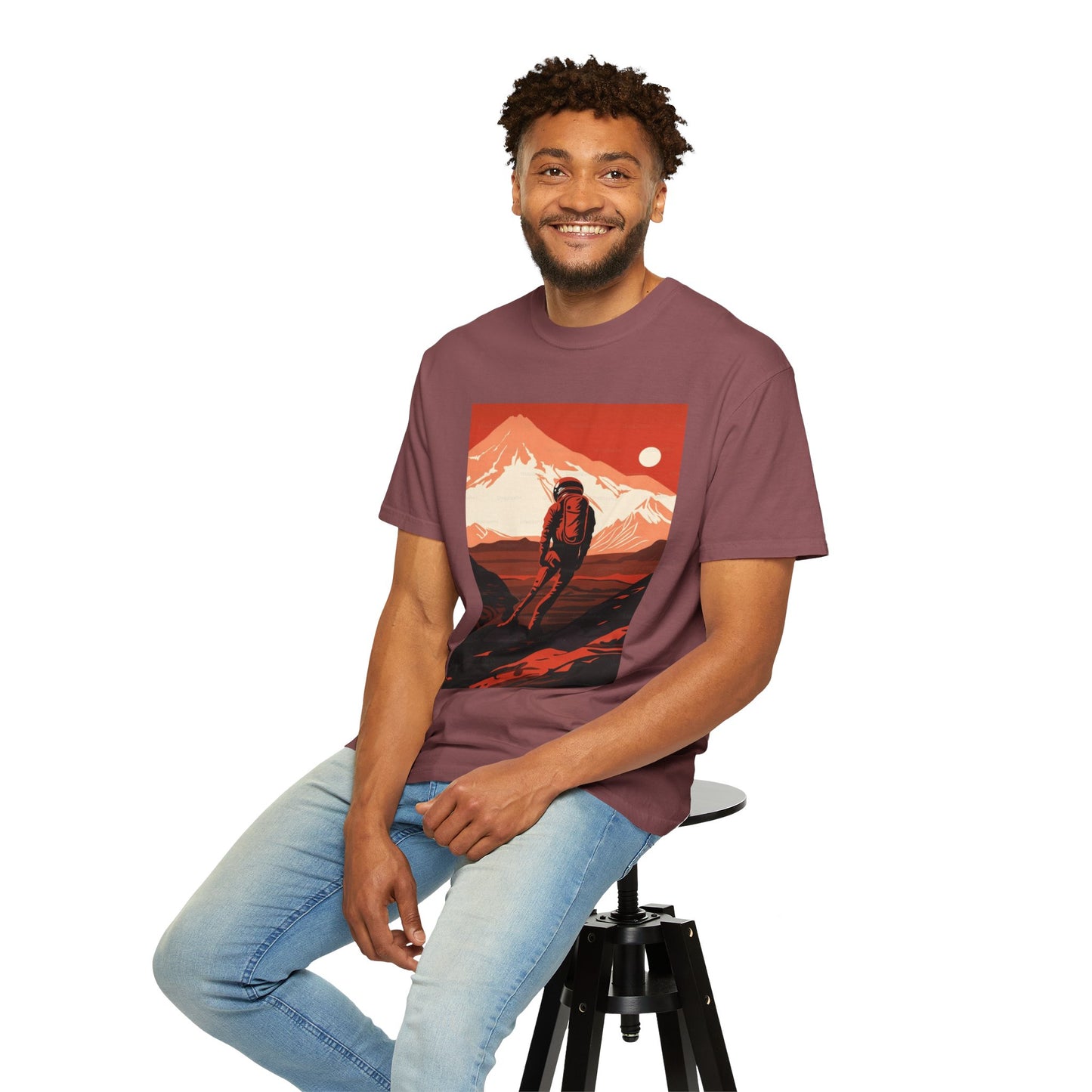 Man On Mars Graphic T-Shirt - Eco-Friendly Organic Cotton, showcasing unique hand-drawn design on an oversized boho tee.