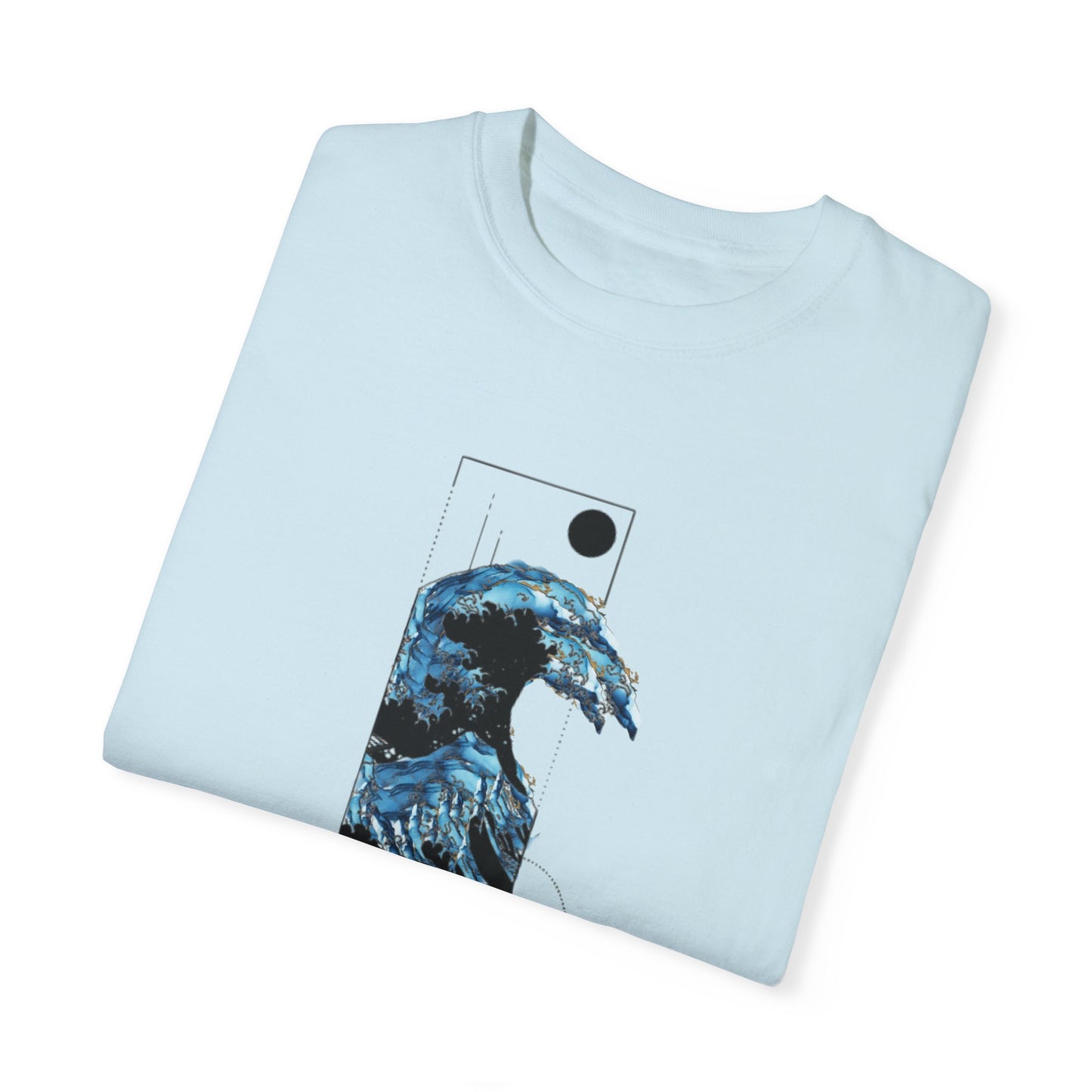 Waves Art Vintage Aesthetic Pullover - Oversized Boho T-Shirt in Organic Cotton hanging on a rack, emphasizing its eco-friendly qualities and vintage-inspired design.