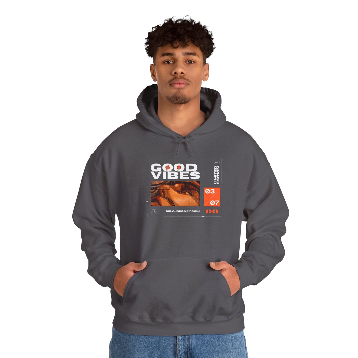 Flat lay of Good Vibes Unisex Heavy Blend Hoodie highlighting its sustainable materials and stylish design.