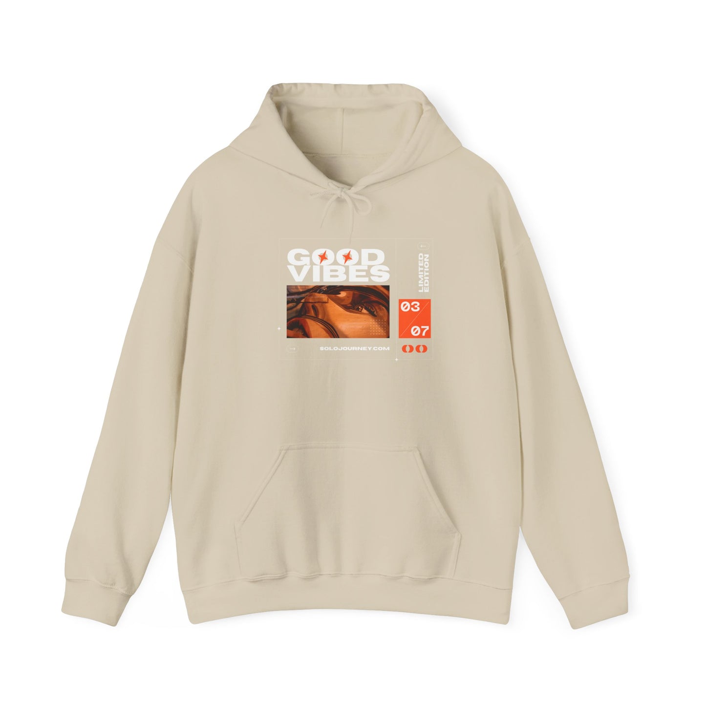 Good Vibes Unisex Heavy Blend Hoodie in eco-friendly organic cotton, showcasing a relaxed fit perfect for comfort and style.