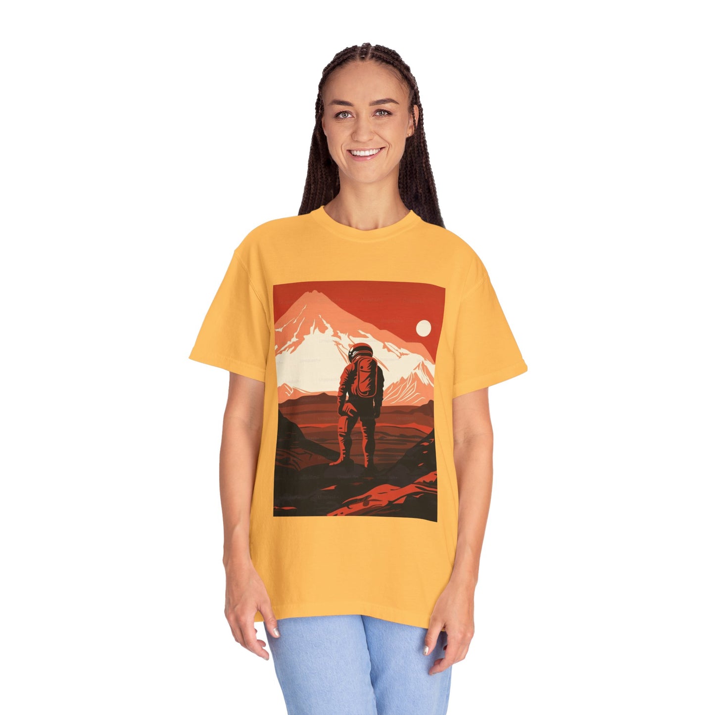 Close-up of the Man On Mars Graphic T-Shirt showcasing its breathable fabric and artistic prints.