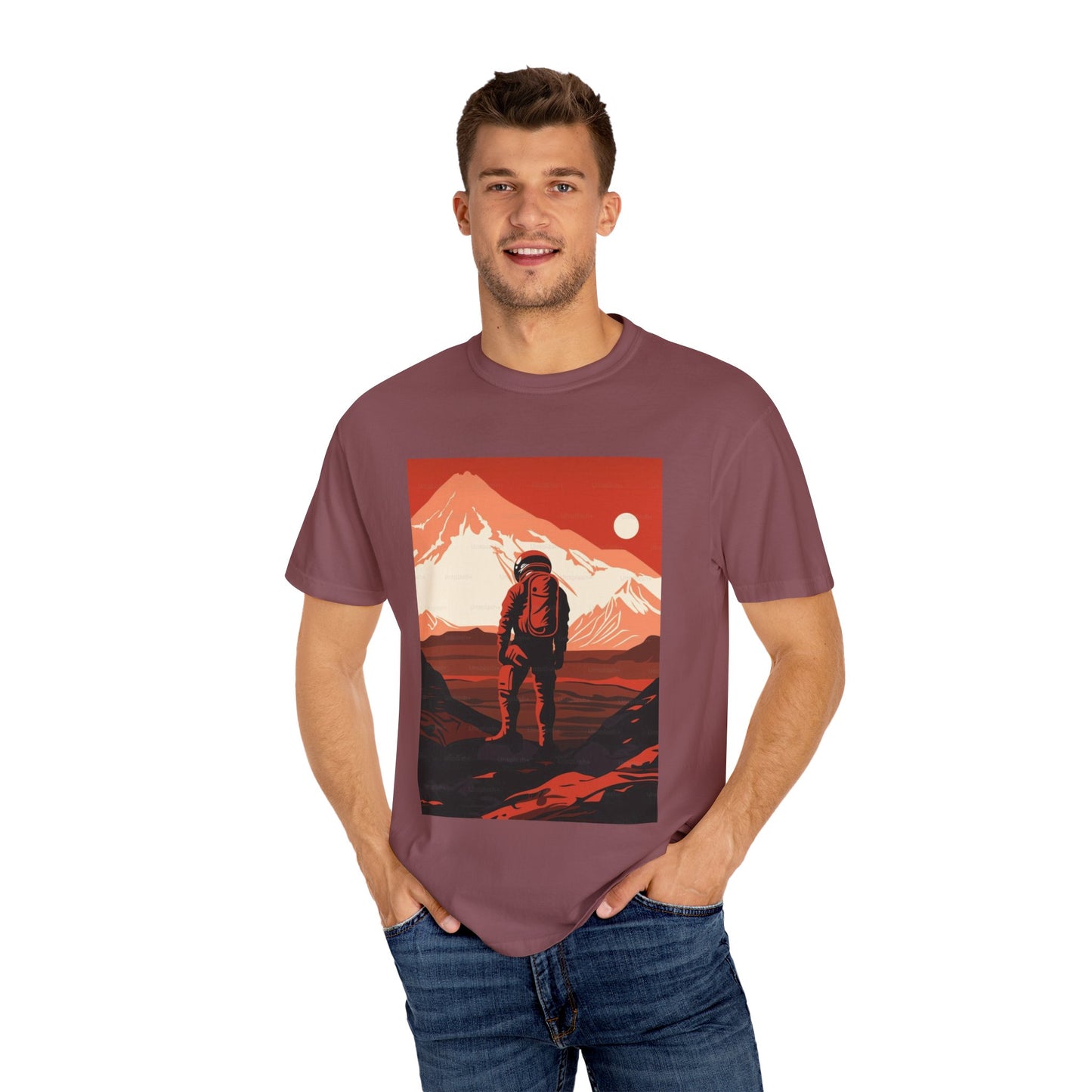 Flat lay of the Man On Mars Graphic T-Shirt made from 100% organic cotton, perfect for eco-conscious fashion lovers.