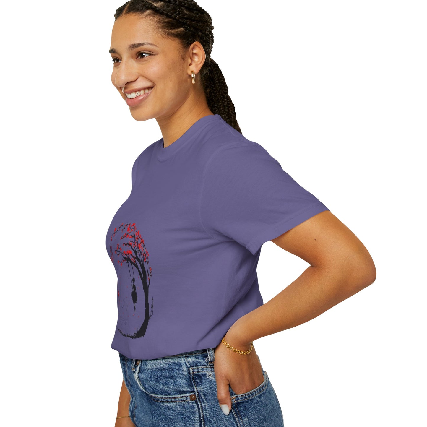 Back view of the Cherry Blossom Unisex T-Shirt highlighting the comfortable fit and artistic graphic design, ideal for eco-conscious fashion lovers.