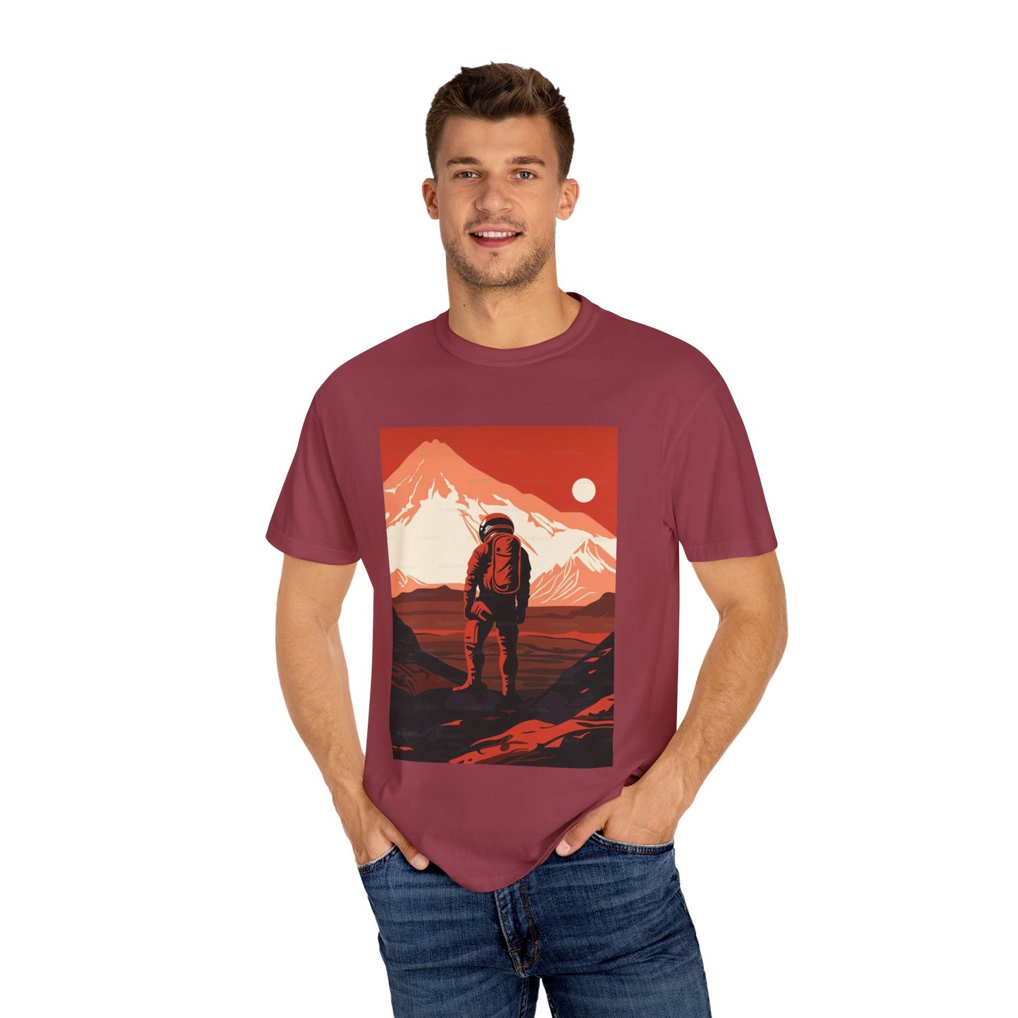 Man On Mars Graphic T-Shirt on a stylish display, showcasing its eco-friendly organic cotton and oversized unisex boho design.