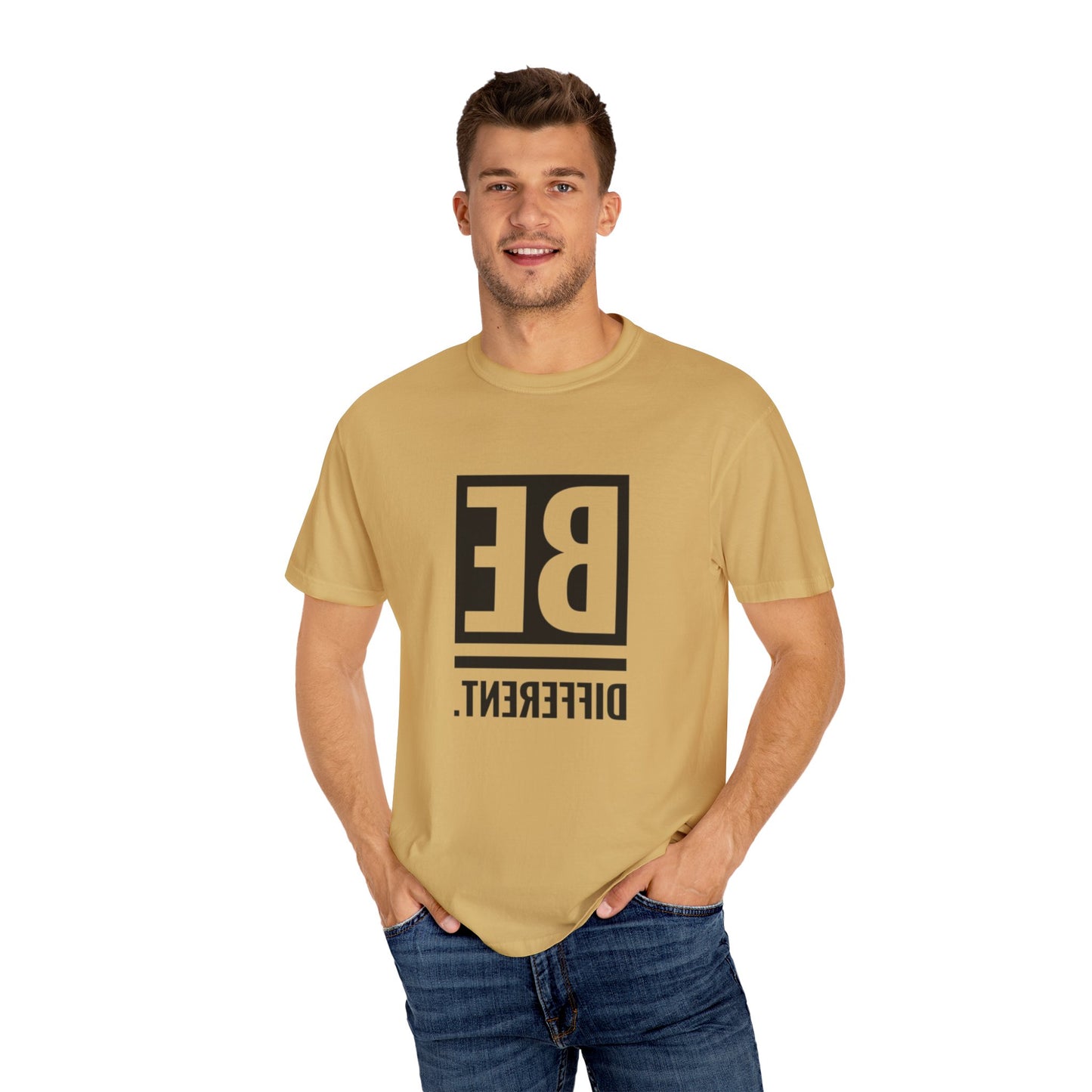 Flat lay of the Be Different Art Graphic Oversized Boho T-Shirt, eco-friendly organic cotton fashion with bohemian vibes.