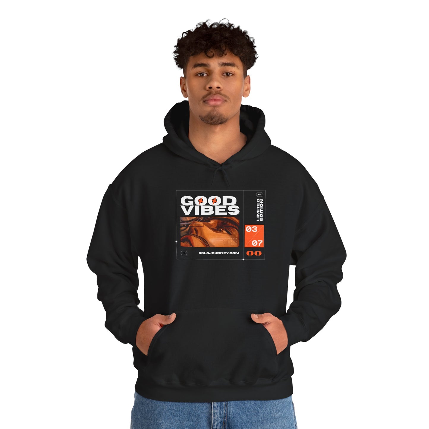 Good Vibes Unisex Heavy Blend Hoodie in a variety of colors, highlighting its availability in multiple sizes for perfect fit and stylish comfort.