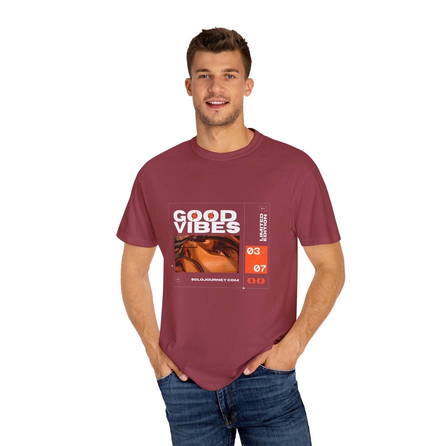 Model wearing the Good Vibes Graphic Design Vintage Boho Oversized T-Shirt, showcasing its relaxed fit and organic cotton fabric.