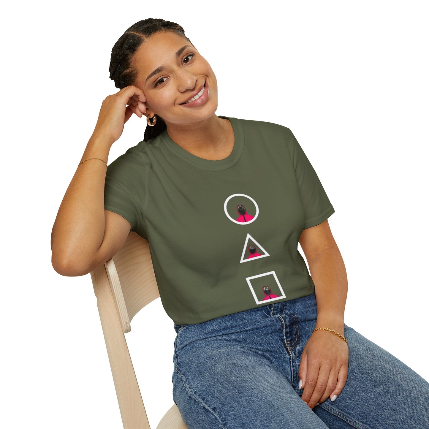 Unisex Softstyle T-Shirt - Eco-Friendly 100% Cotton Minimalist Graphic Tee for Casual Wear worn by a model at a festival.