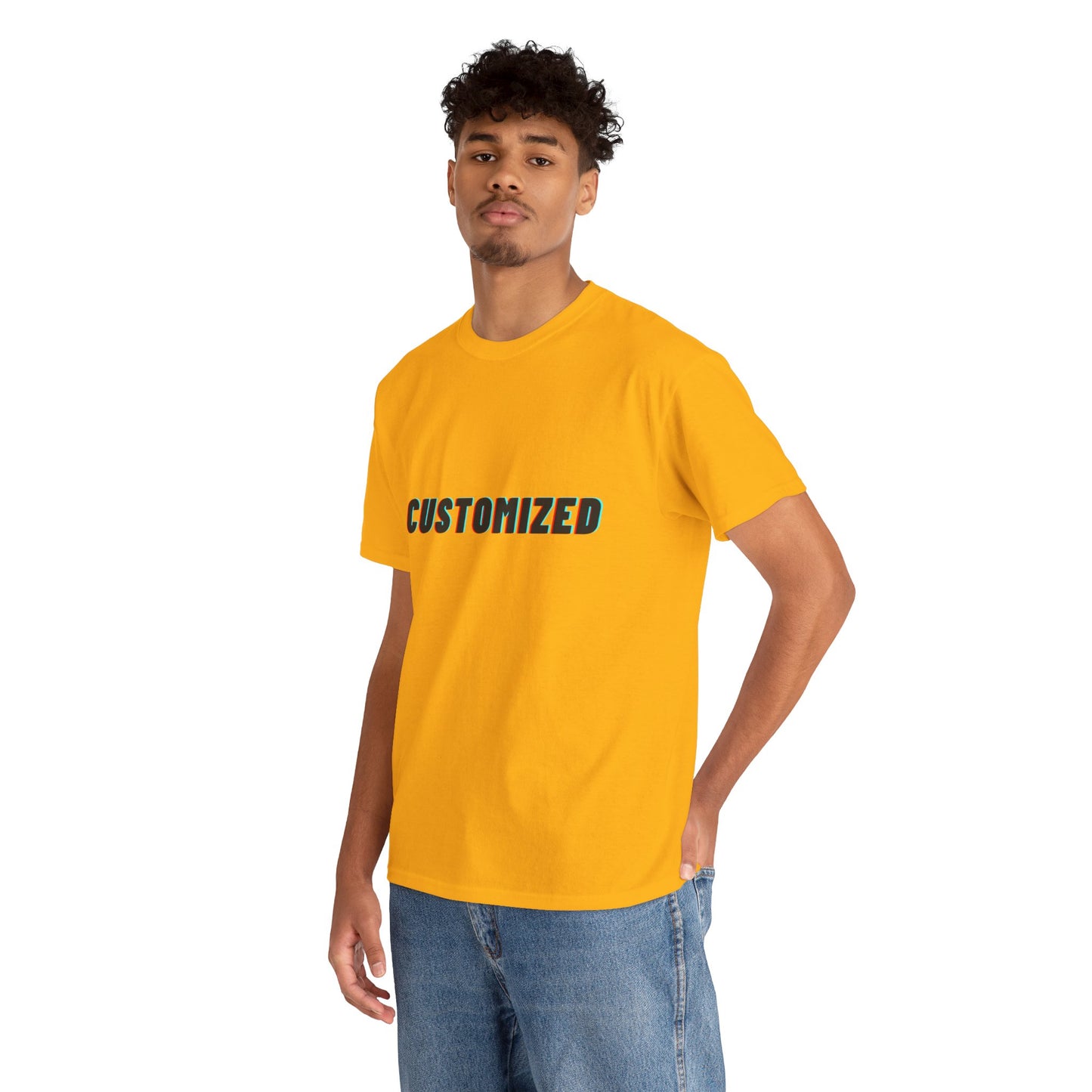 Stylish outdoor setting featuring a man wearing a Personalized Unisex Heavy Cotton Tee, perfect for casual and eco-friendly fashion