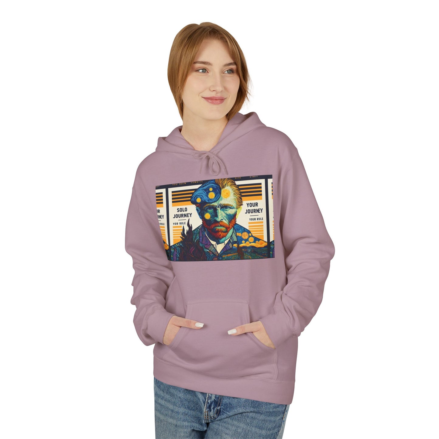 Close-up view of the artistic graphics on the Van Gogh AI Graphic Western Rodeo Sweatshirt, showcasing vibrant colors and cowboy themes.