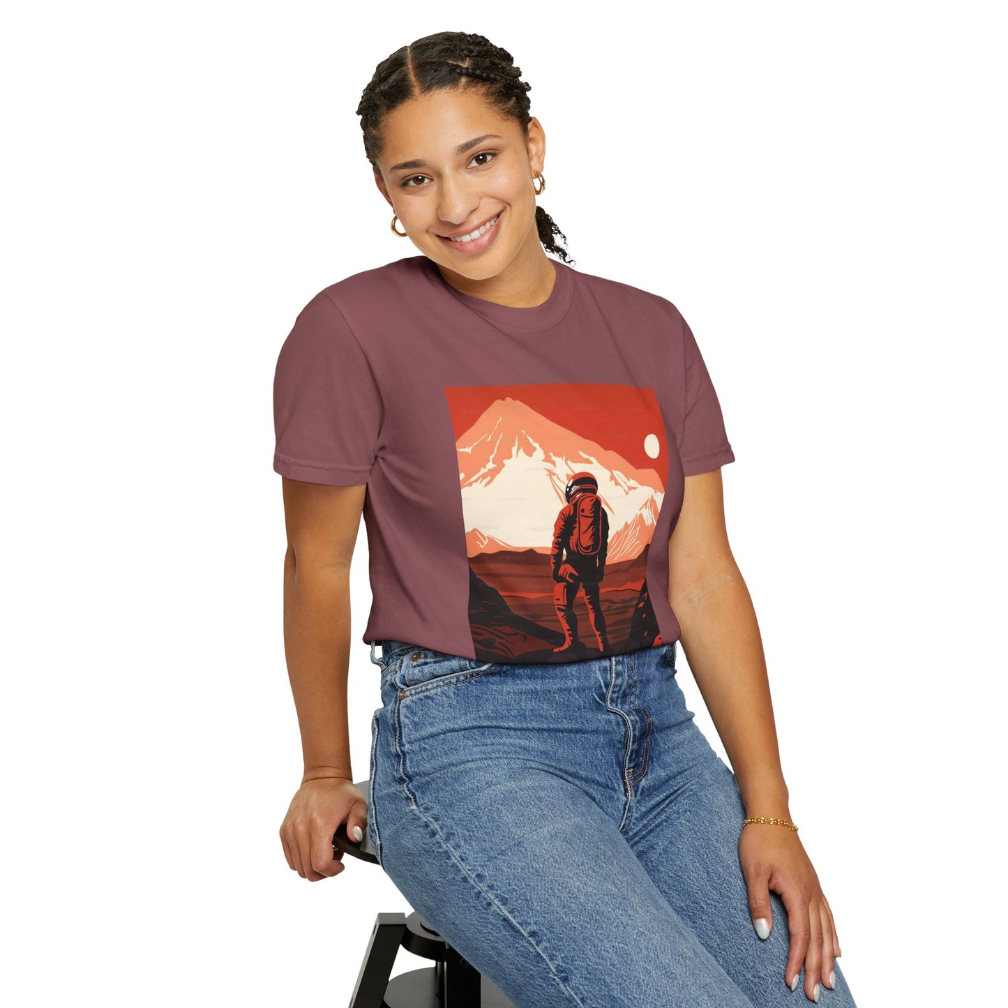 Model wearing the Man On Mars Graphic T-Shirt during a casual weekend outing, highlighting its versatile style and relaxed fit.