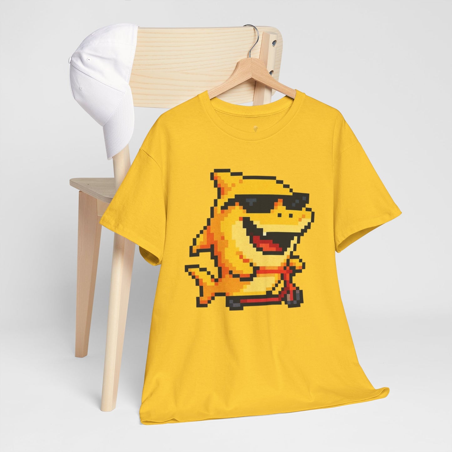 Retro Pixel Baby Shark Unisex Heavy Cotton Tee, Fun Graphic Tee, Gamer Shirt, Gift for Shark Lovers, Summer Casual Wear, Retro T-Shirt