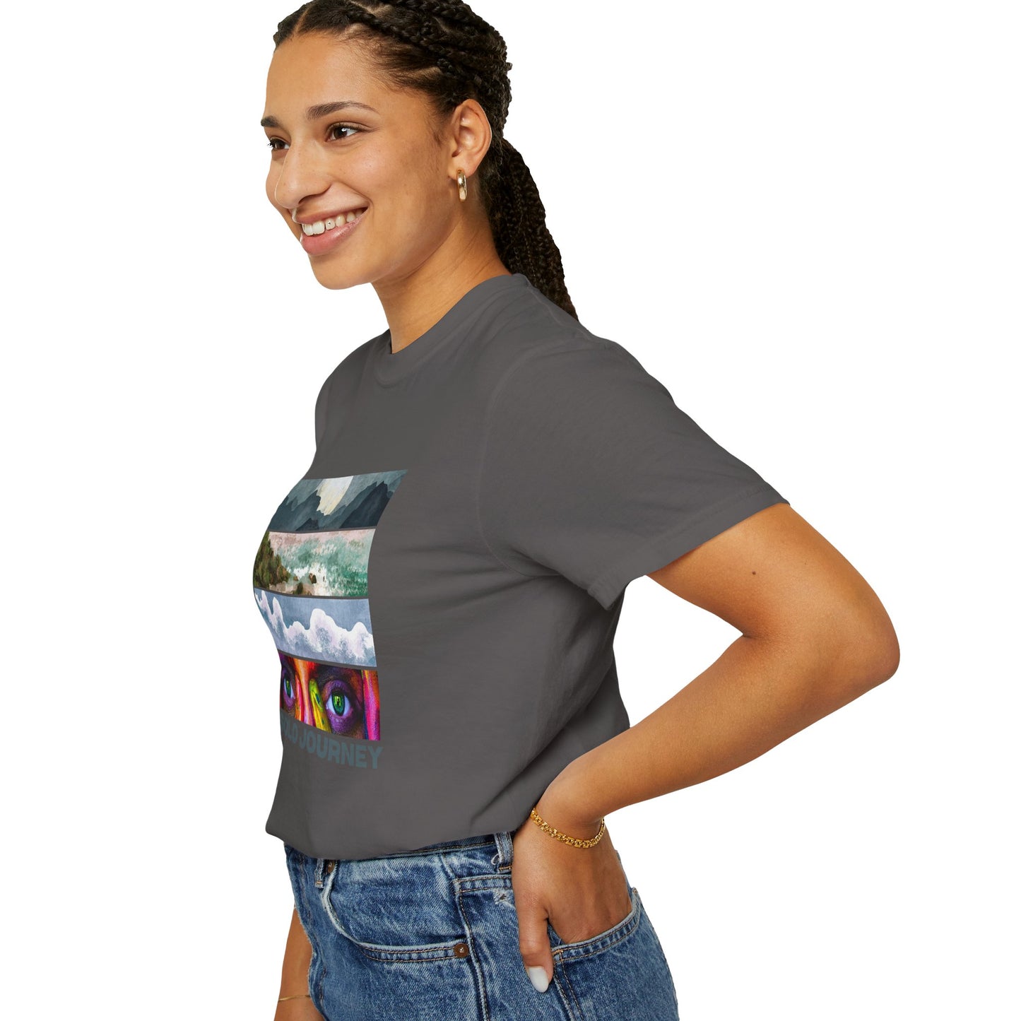 Model wearing the Vintage Aesthetic Oversized Boho T-Shirt 07 - Eco-Friendly Organic Cotton Tee at a music festival, showcasing its versatility and stylish design.