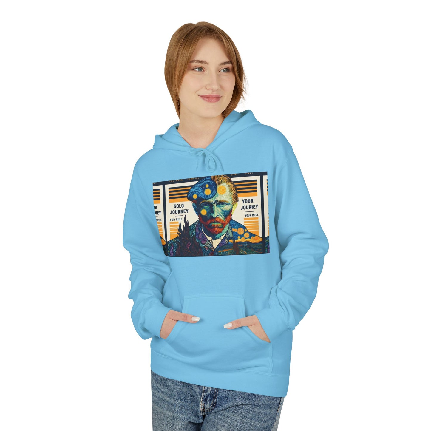 Back view of the Van Gogh AI Graphic Western Rodeo Sweatshirt - Vintage Cowboy Oversized Boho Hoodie featuring its oversized design and unique cowboy-themed artwork