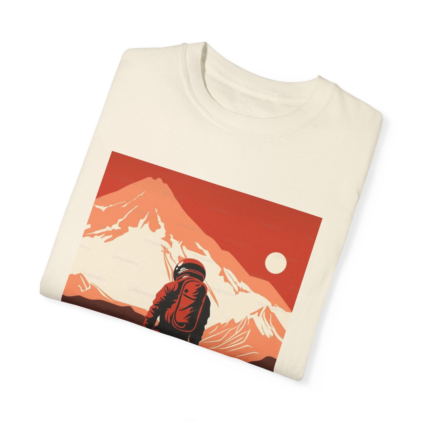 Close-up of the artistic print on the Man On Mars Graphic T-Shirt - Eco-Friendly Organic Cotton, highlighting its bold and vibrant graphics.
