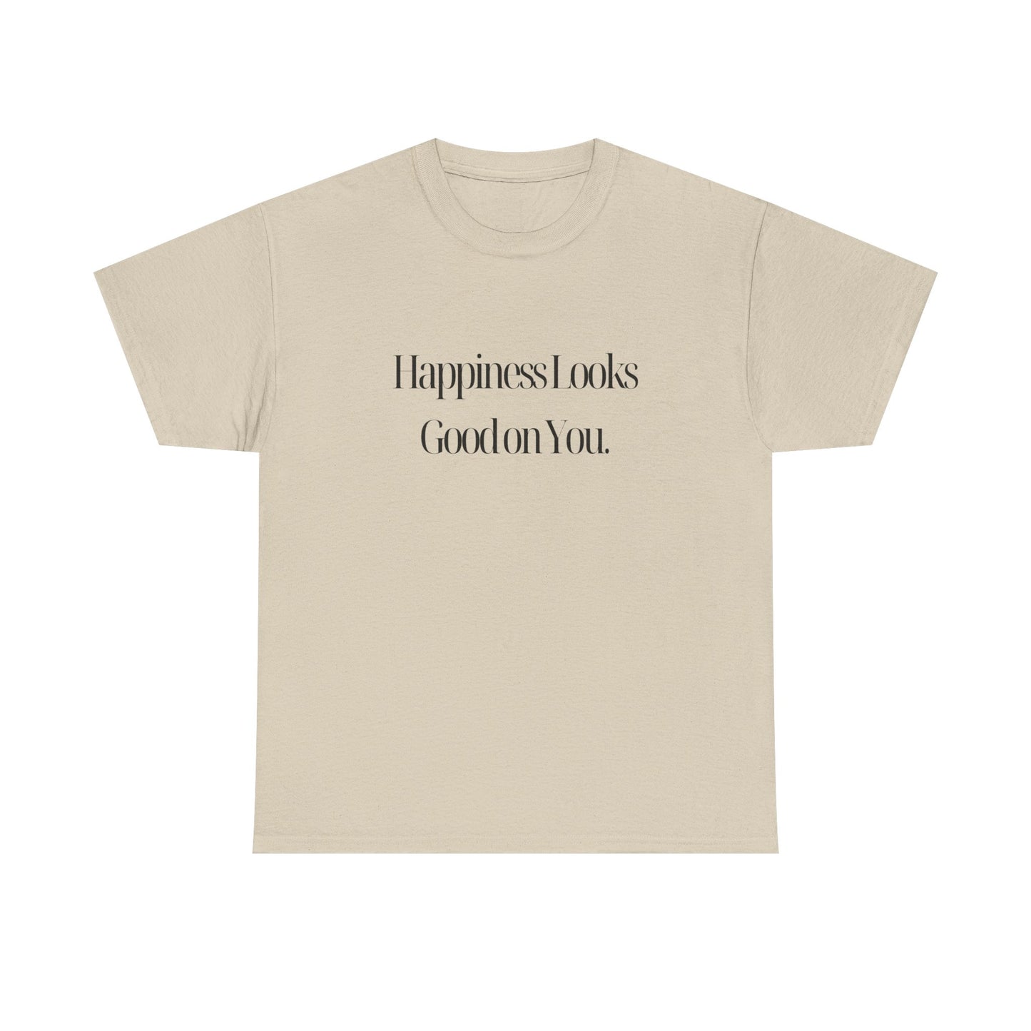Close-up of the Happiness Looks Good On You T-Shirt showcasing the soft fabric and hand-drawn print, ideal for eco-friendly fashion.