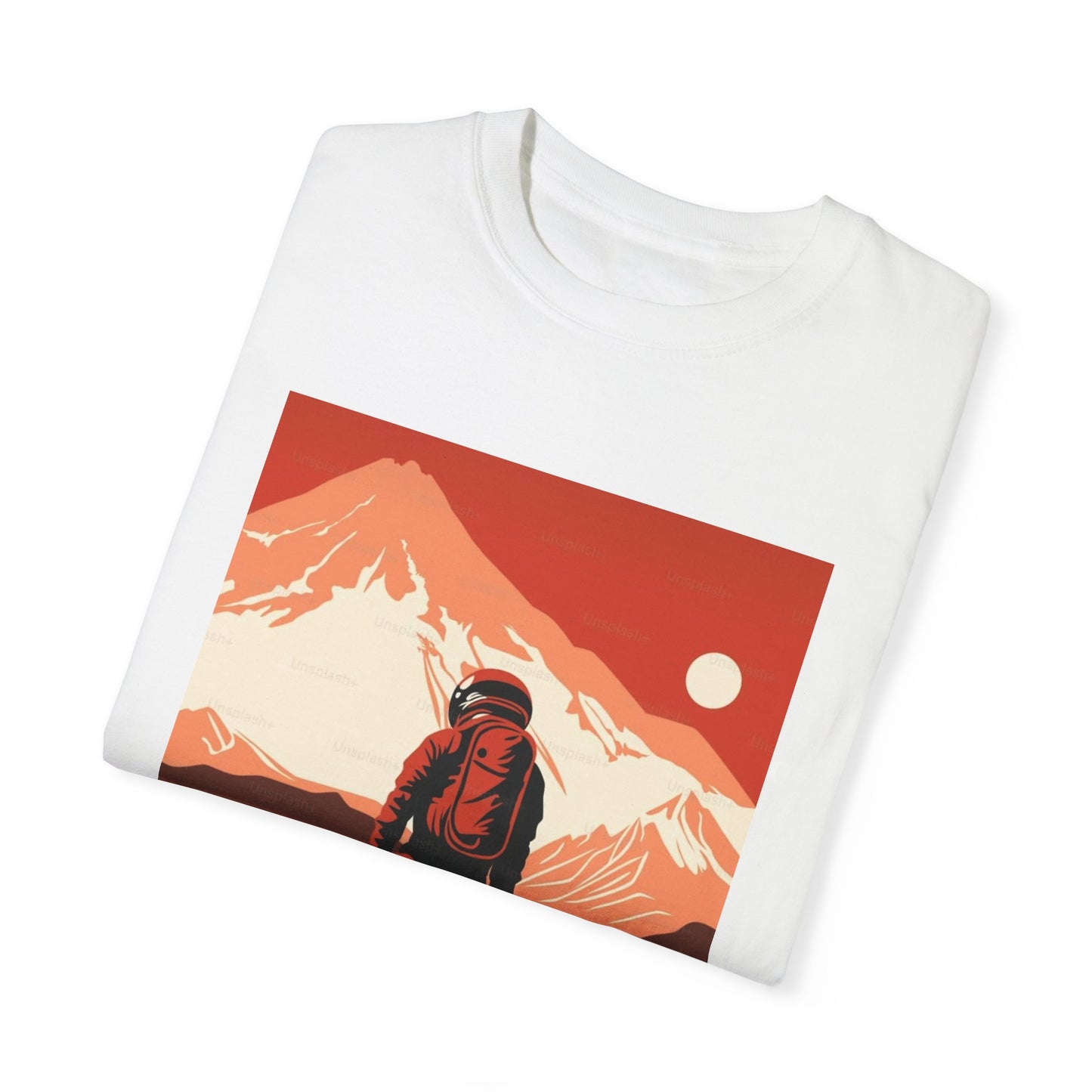 Lifestyle image of a person wearing the Man On Mars Graphic T-Shirt in a relaxed outdoor setting, perfect for eco-conscious fashion enthusiasts.