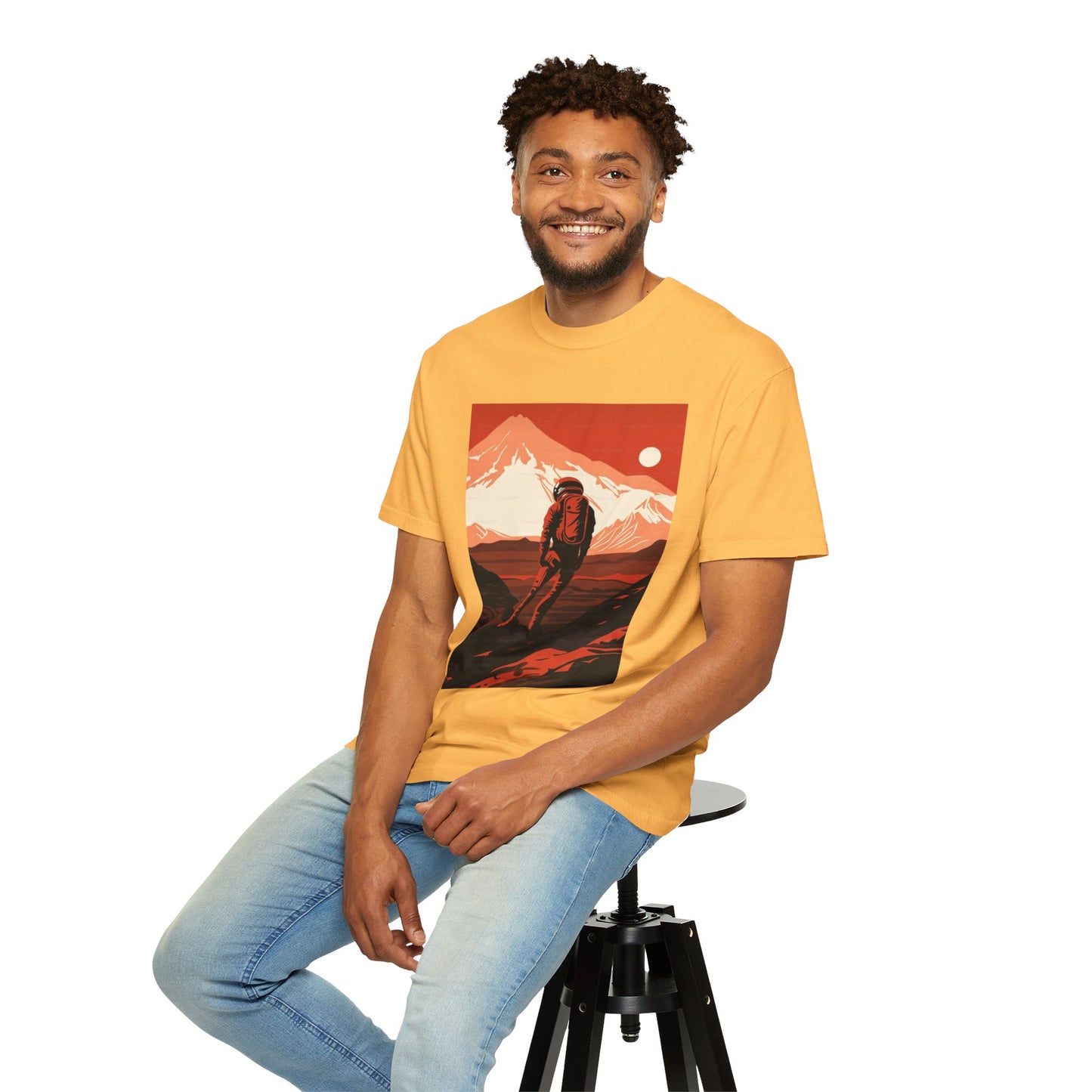 Man on Mars Graphic T-Shirt - Eco-Friendly Organic Cotton, styled with accessories for a trendy look, perfect for casual outings or festivals.