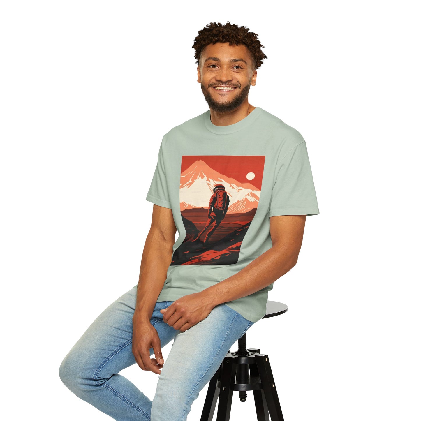 The Man On Mars Graphic T-Shirt displayed in an outdoor setting, embodying a lifestyle of sustainability and adventure.