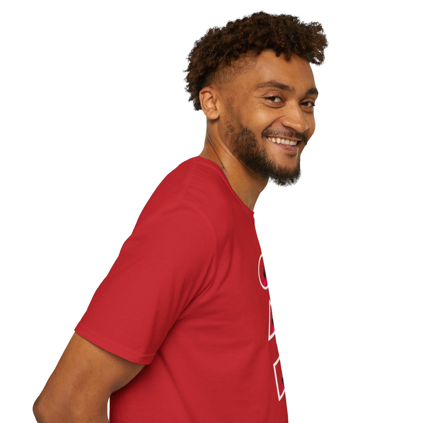 Unisex Softstyle T-Shirt - Eco-Friendly 100% Cotton Minimalist Graphic Tee styled with jeans for a casual outing.