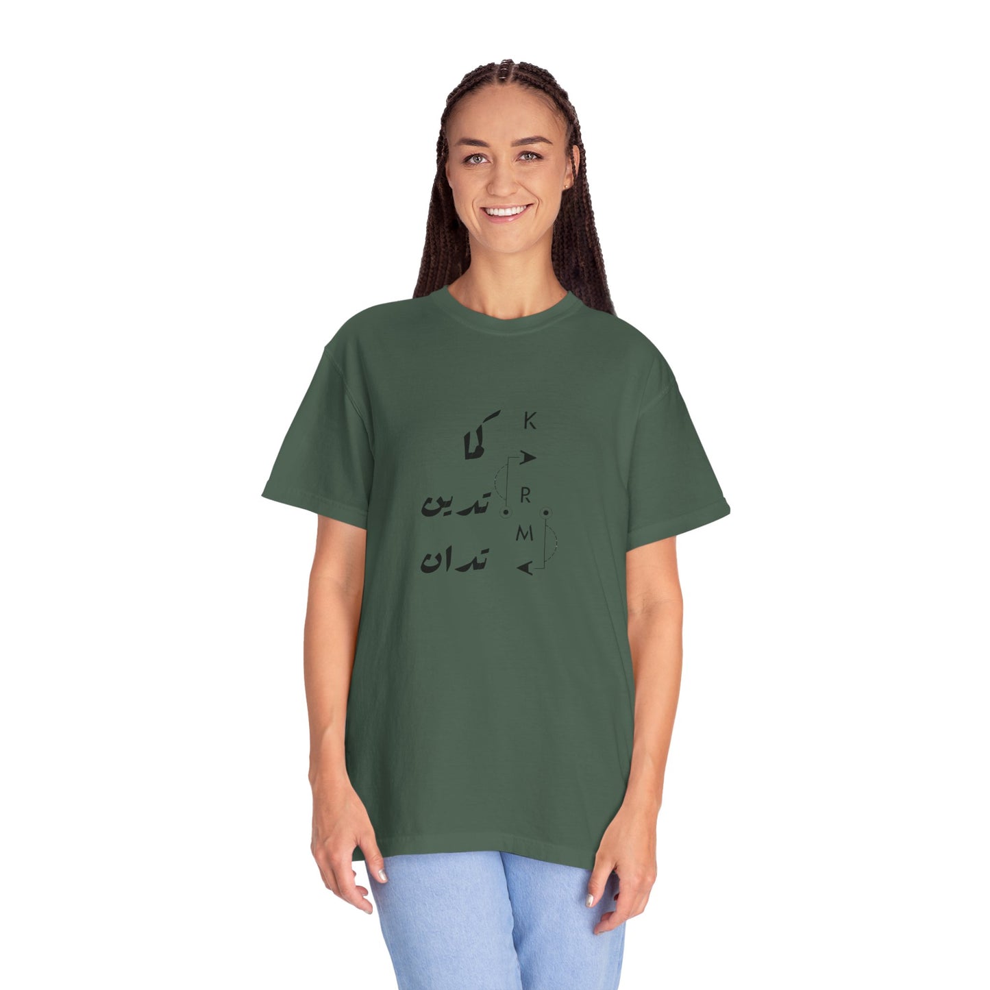 Model wearing the Karma Has Its Ways Vintage Aesthetic Boho Pullover Tee, embodying casual festival vibe.