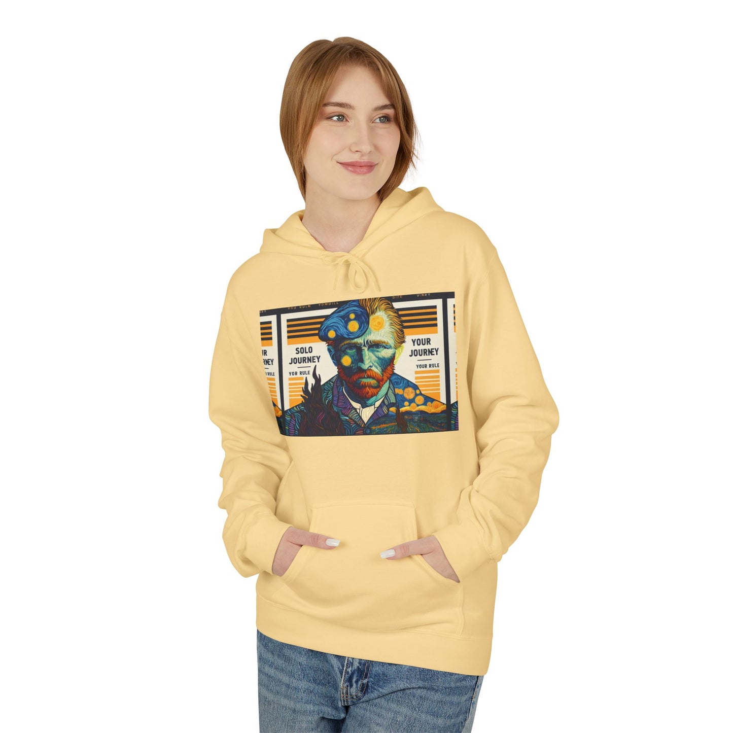 Flat lay display of the Van Gogh AI Graphic Western Rodeo Sweatshirt, emphasizing its soft organic cotton fabric and artistic appeal.