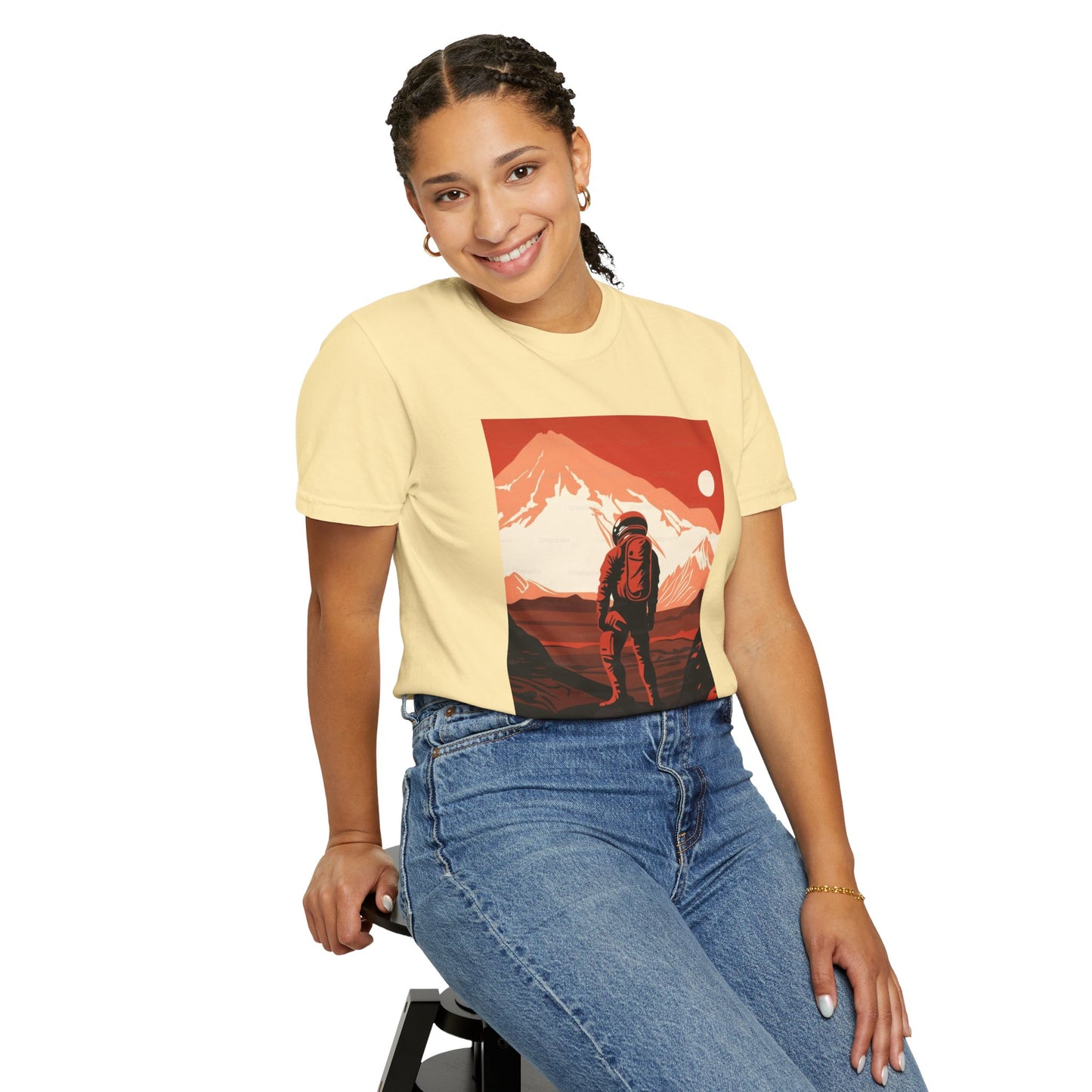 Close-up of the Man On Mars Graphic T-Shirt featuring unique hand-drawn graphics and non-toxic dye printing, ideal for eco-conscious fashion lovers.