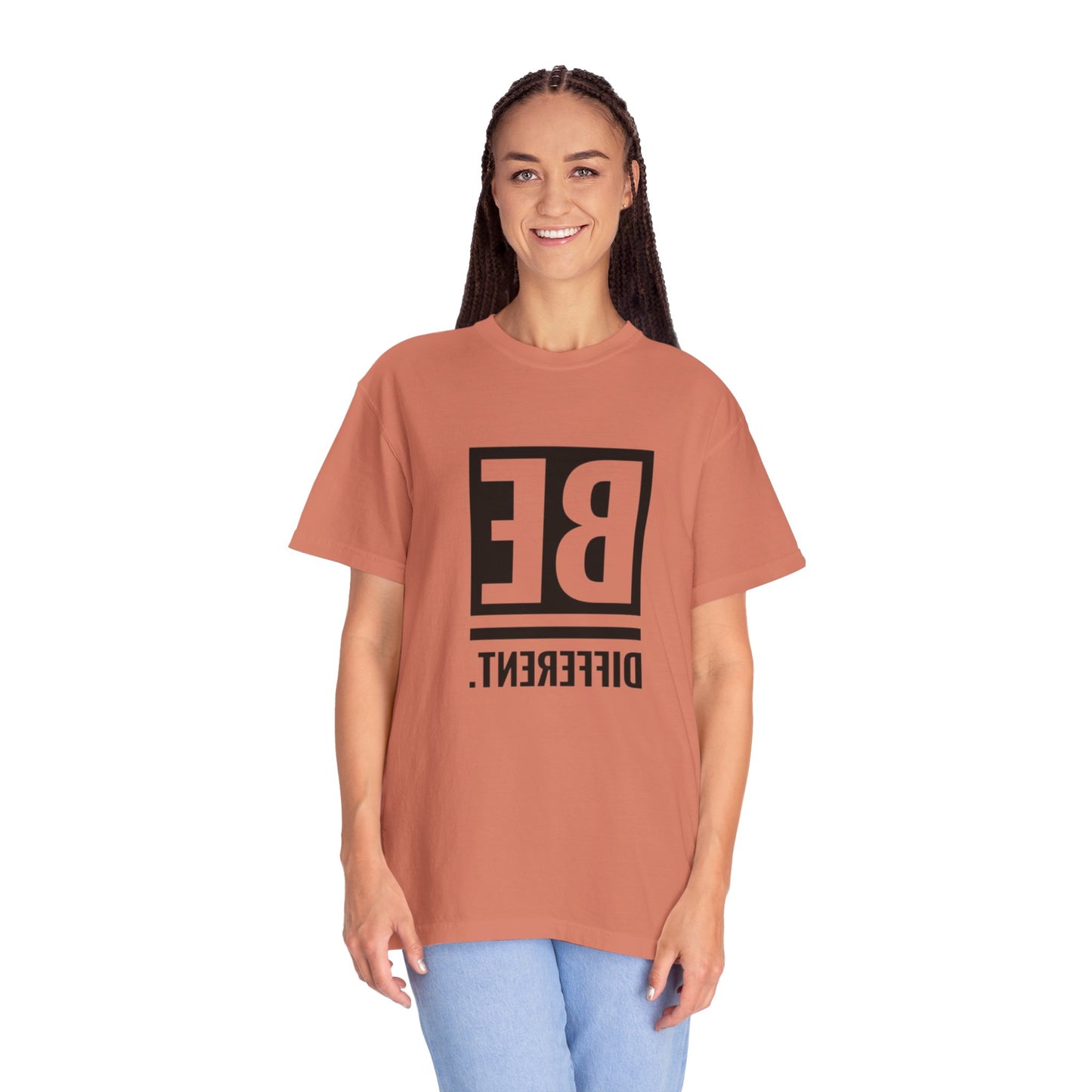 Be Different Art Graphic Oversized Boho T-Shirt showcasing unique hand-drawn designs made from eco-friendly organic cotton.