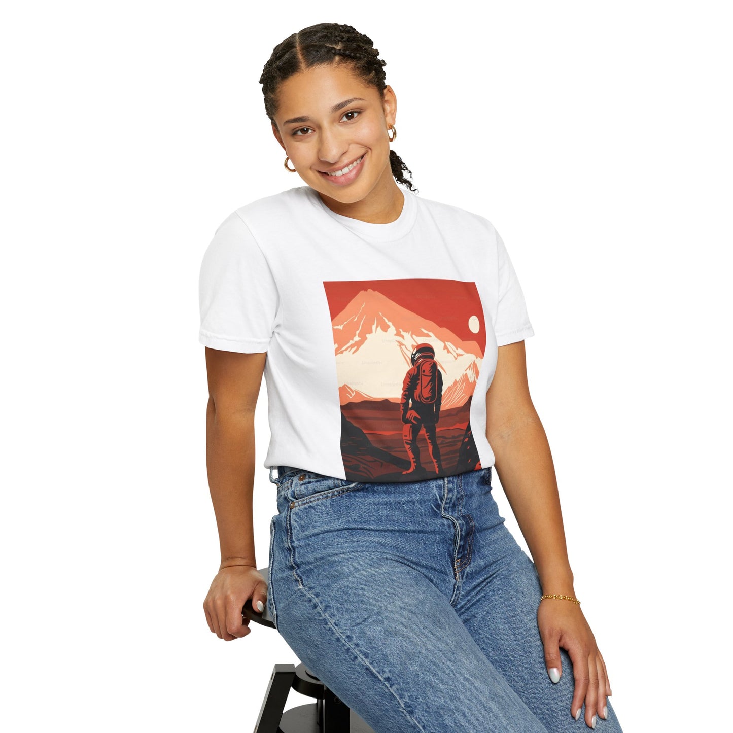 Close-up of the Man On Mars Graphic T-Shirt featuring a unique hand-drawn graphic and soft organic cotton fabric.