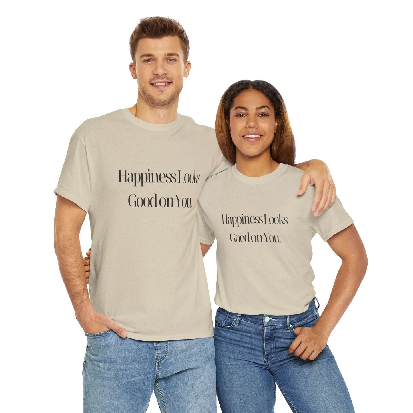 Happiness looks good on you Tshirt - Perfect for Motivation, Gifts, EvIntroducing our Unisex Heavy Cotton Tee, perfect for spreading positivity and comfort in your daily life. This versatile tee carries the uplifting message, "HappinesSolo JourneyInspiring Happiness Unisex Tee