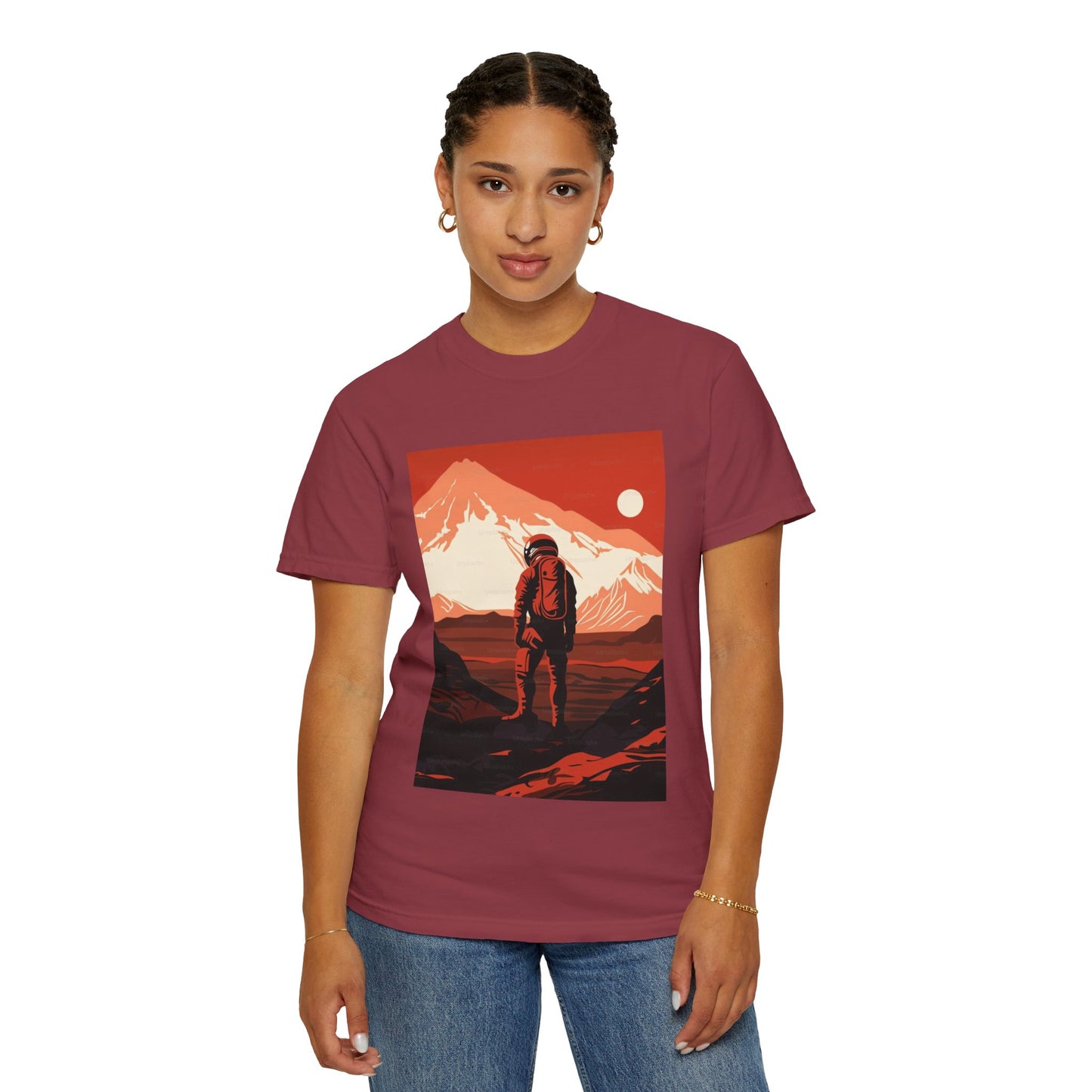 Model wearing the Man On Mars Graphic T-Shirt at a colorful festival, illustrating how the oversized unisex tee combines style and comfort.