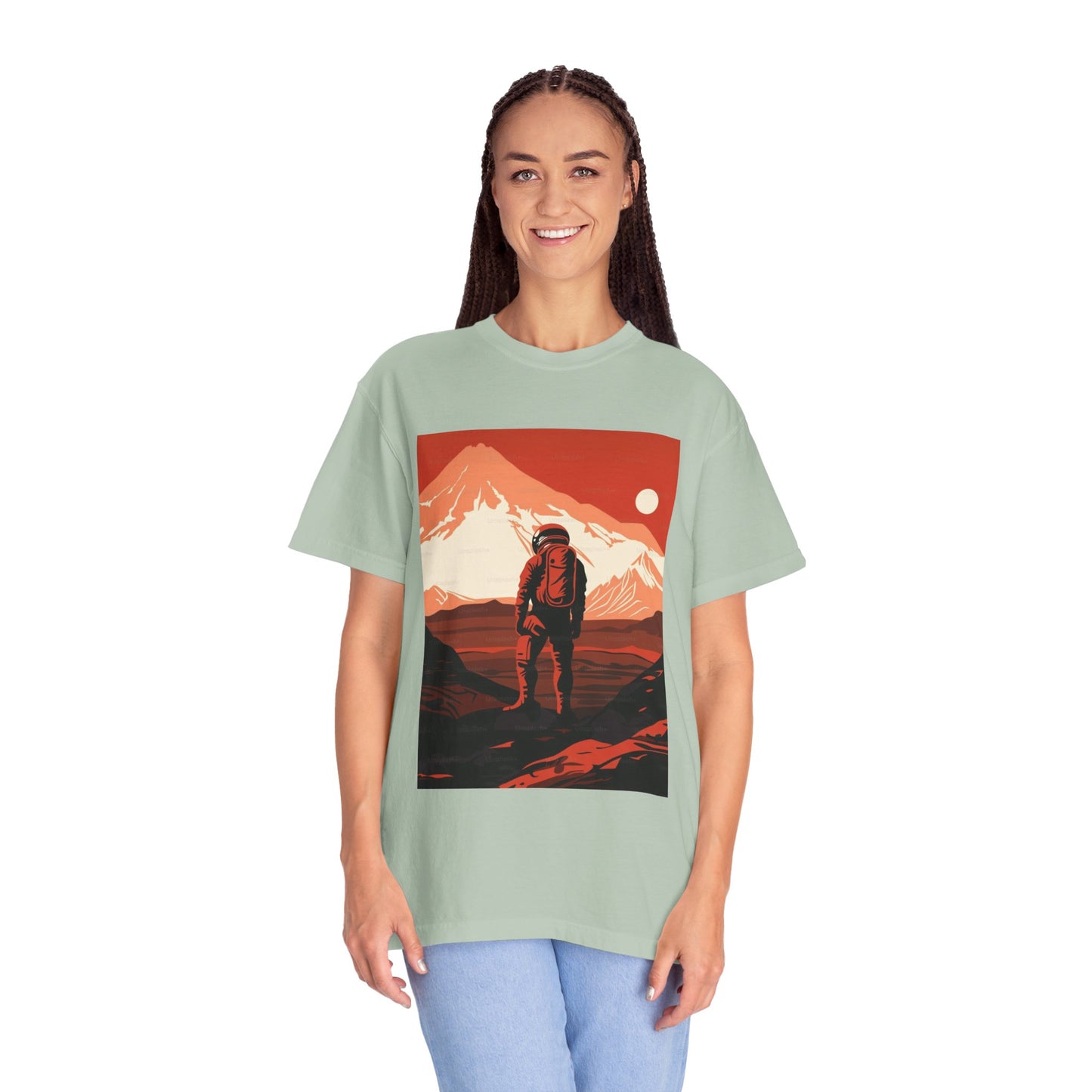 Casual style with Man On Mars Graphic T-Shirt - Eco-Friendly Organic Cotton, Oversized Unisex Boho Tee paired with accessories.