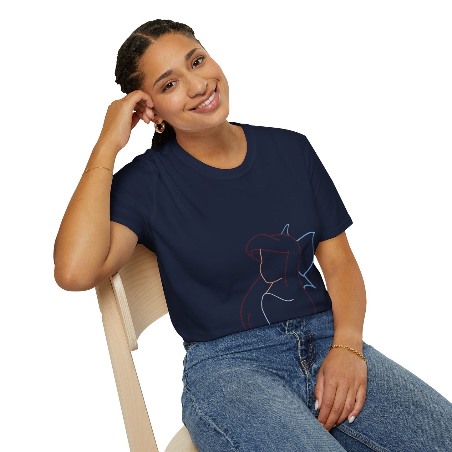Model wearing the Unisex Minimalist Line Art T-Shirt, an eco-friendly tee highlighting a chic abstract female silhouette.