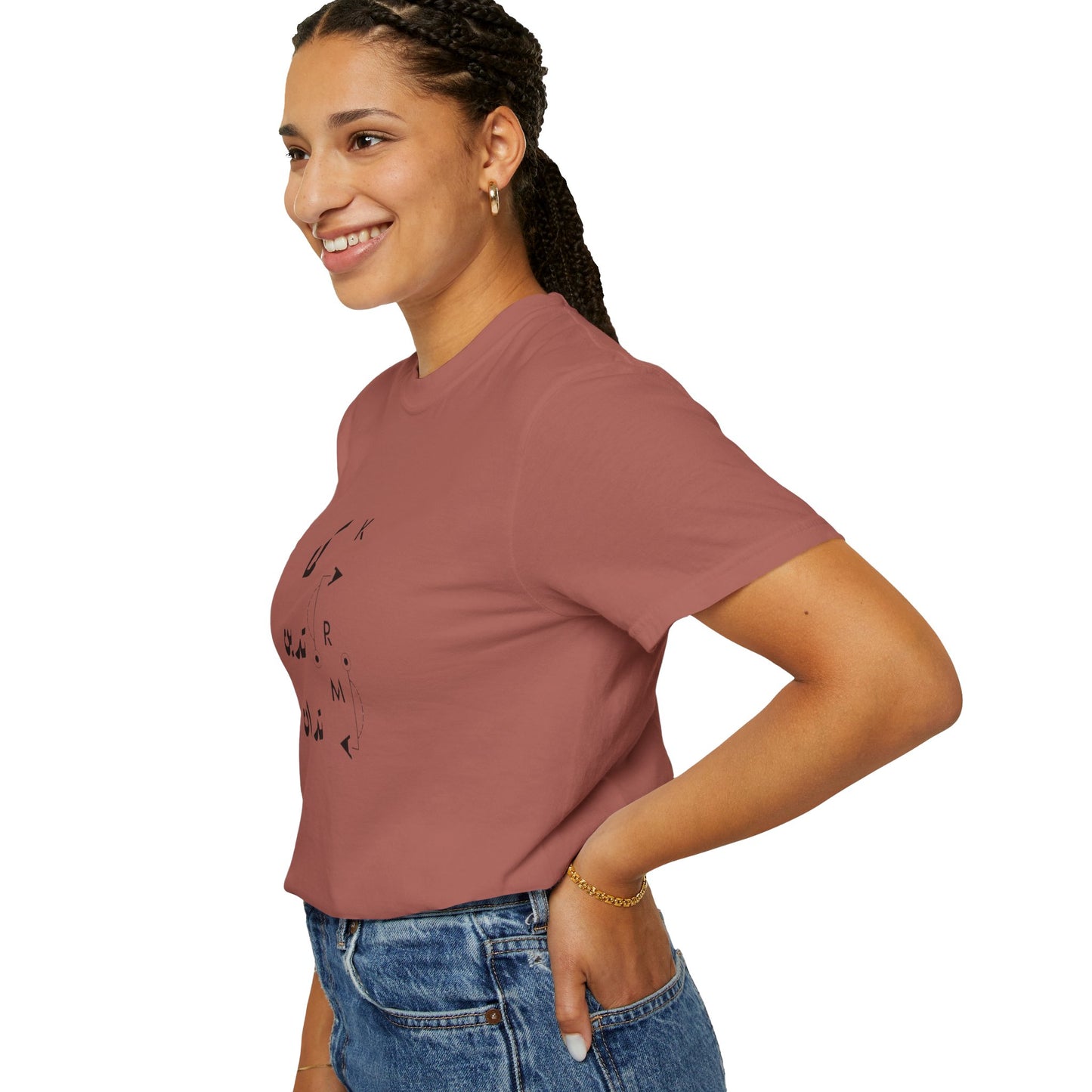 The Karma Has Its Ways - Vintage Aesthetic Oversized Boho Pullover Tee laid flat with autumn leaves, highlighting its eco-friendly materials.